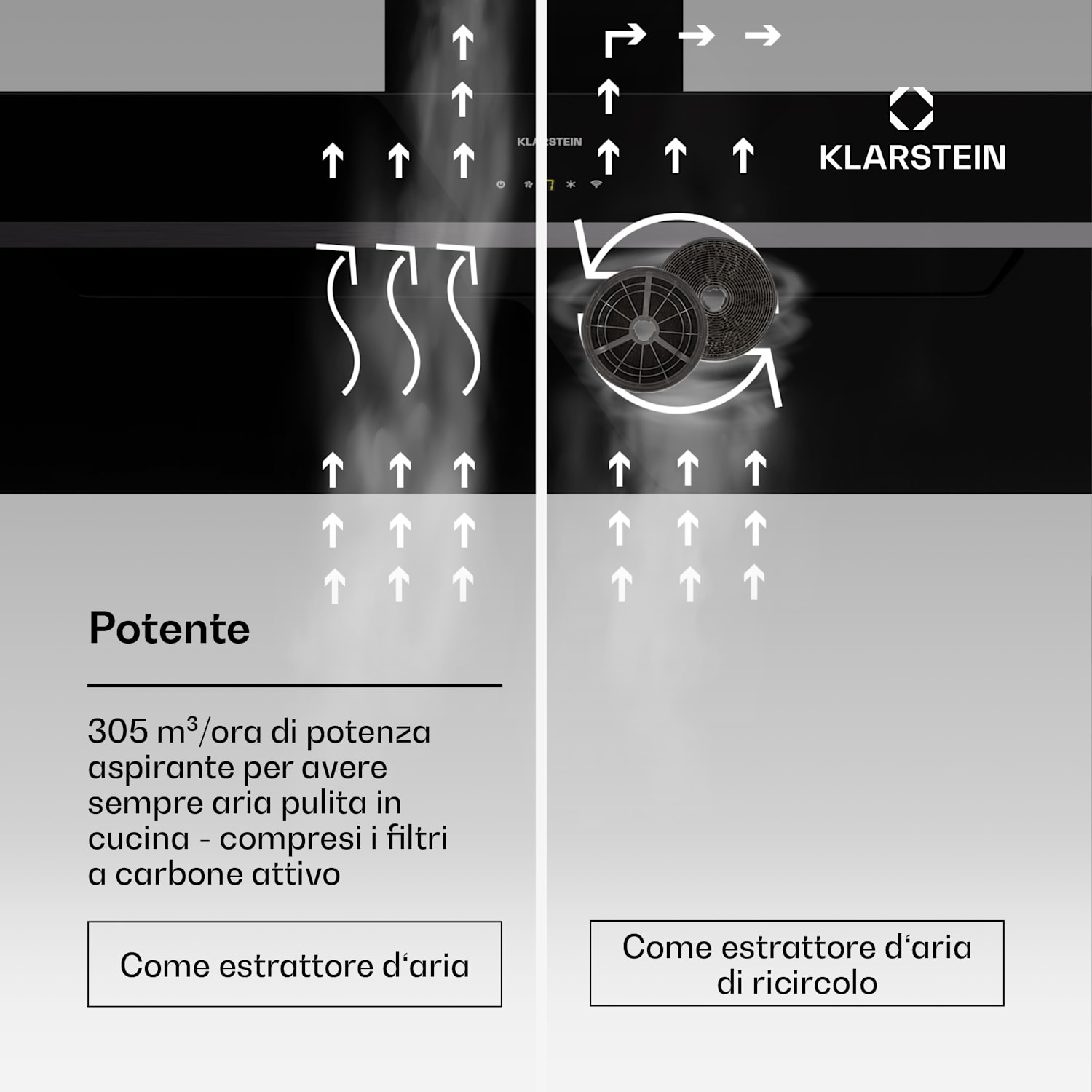 BigBite 90 - Cappa aspirante, 90 cm, 305 m³/ora, schermo LED, frontale in vetro, app 