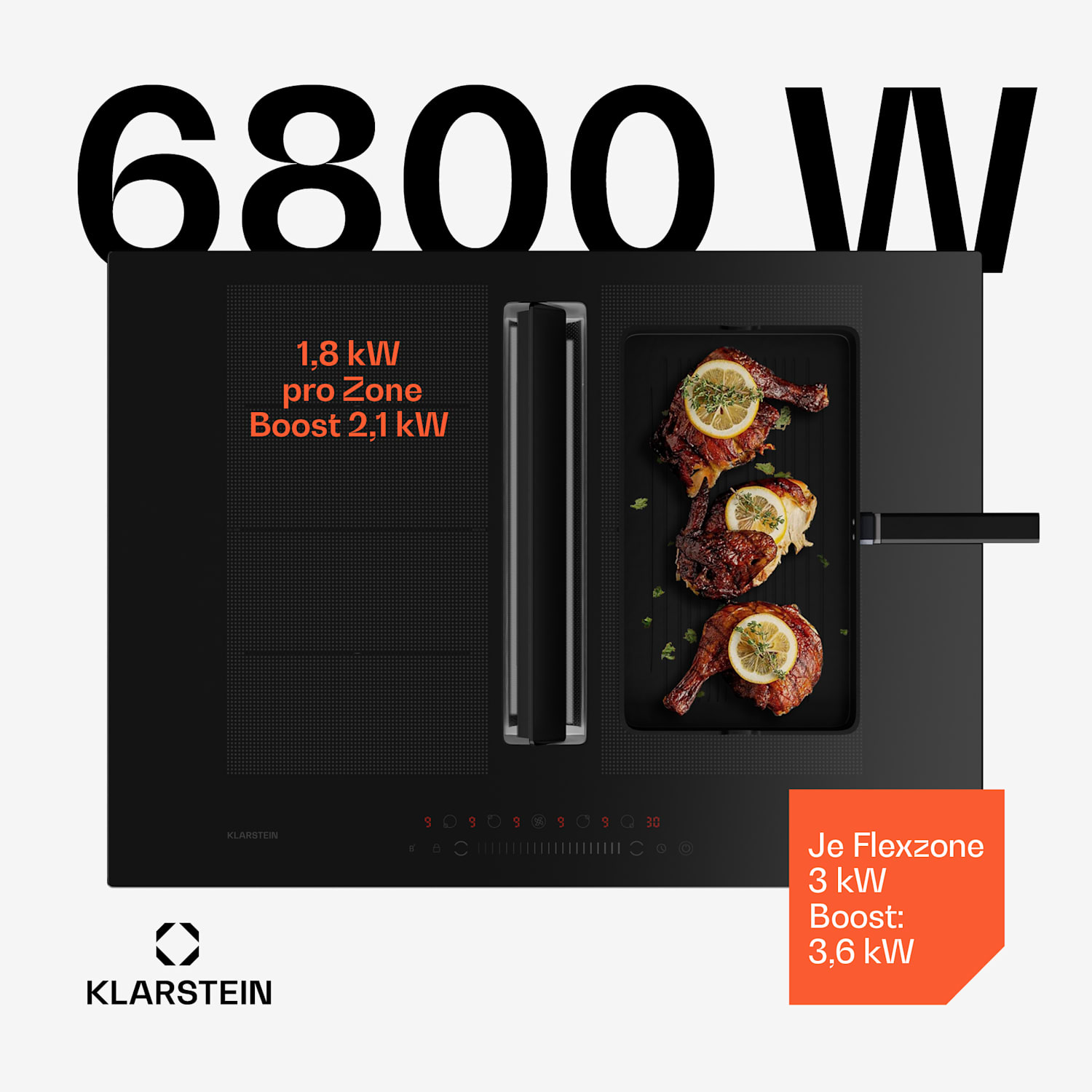 Chef-Fusion Down Air System Induktionsherd + DownAir-Abzugshaube 72cm 600 m³/h Abluftleistung A 72 cm | Schwarz