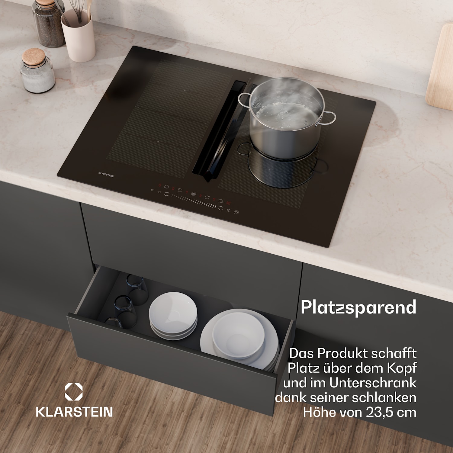 Chef-Fusion Down Air System Induktionsherd + DownAir-Abzugshaube 72cm 600 m³/h Abluftleistung A 72 cm | Schwarz