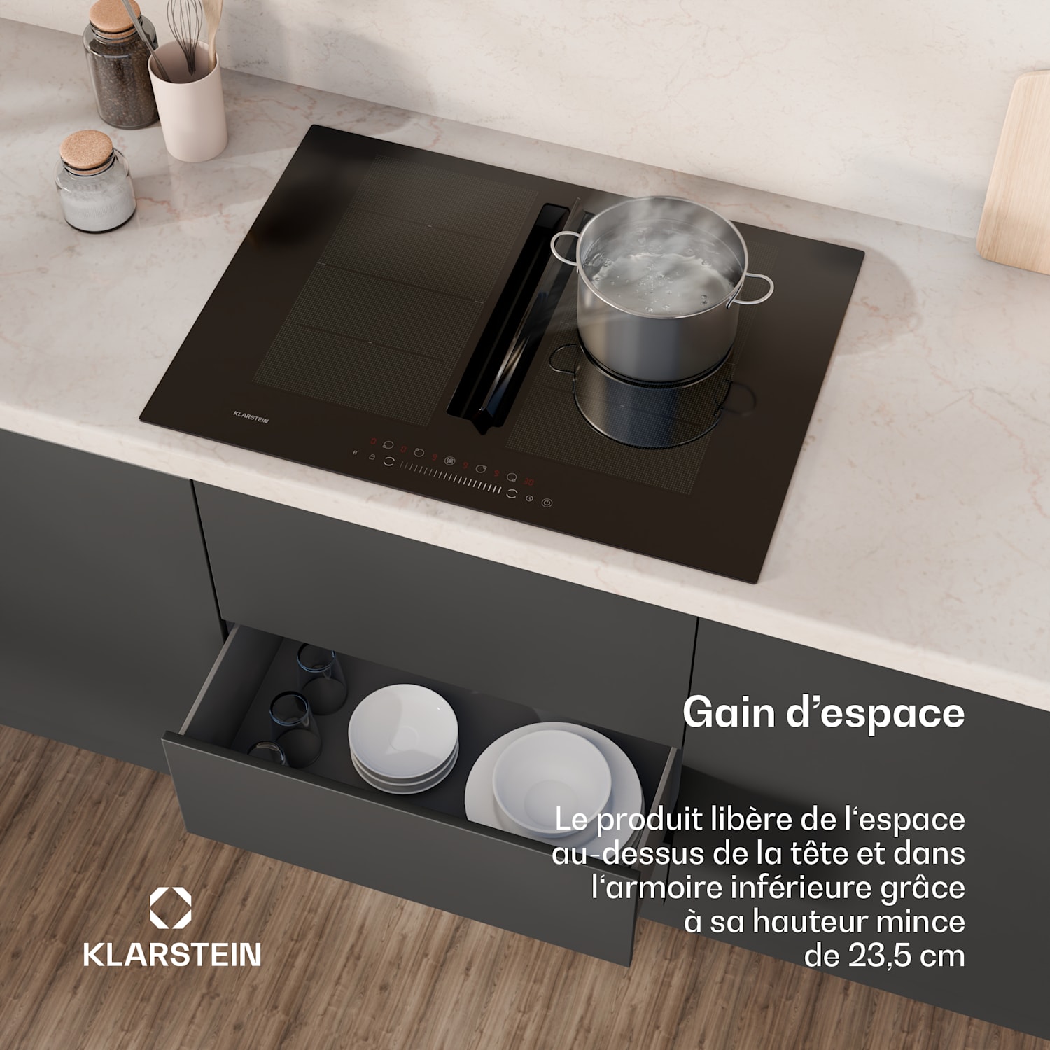Chef-Fusion Down Air System cuisinière à induction + hotte à flux descendant 72 cm 600 m³/h puissance d'extraction A 72 cm | Crna