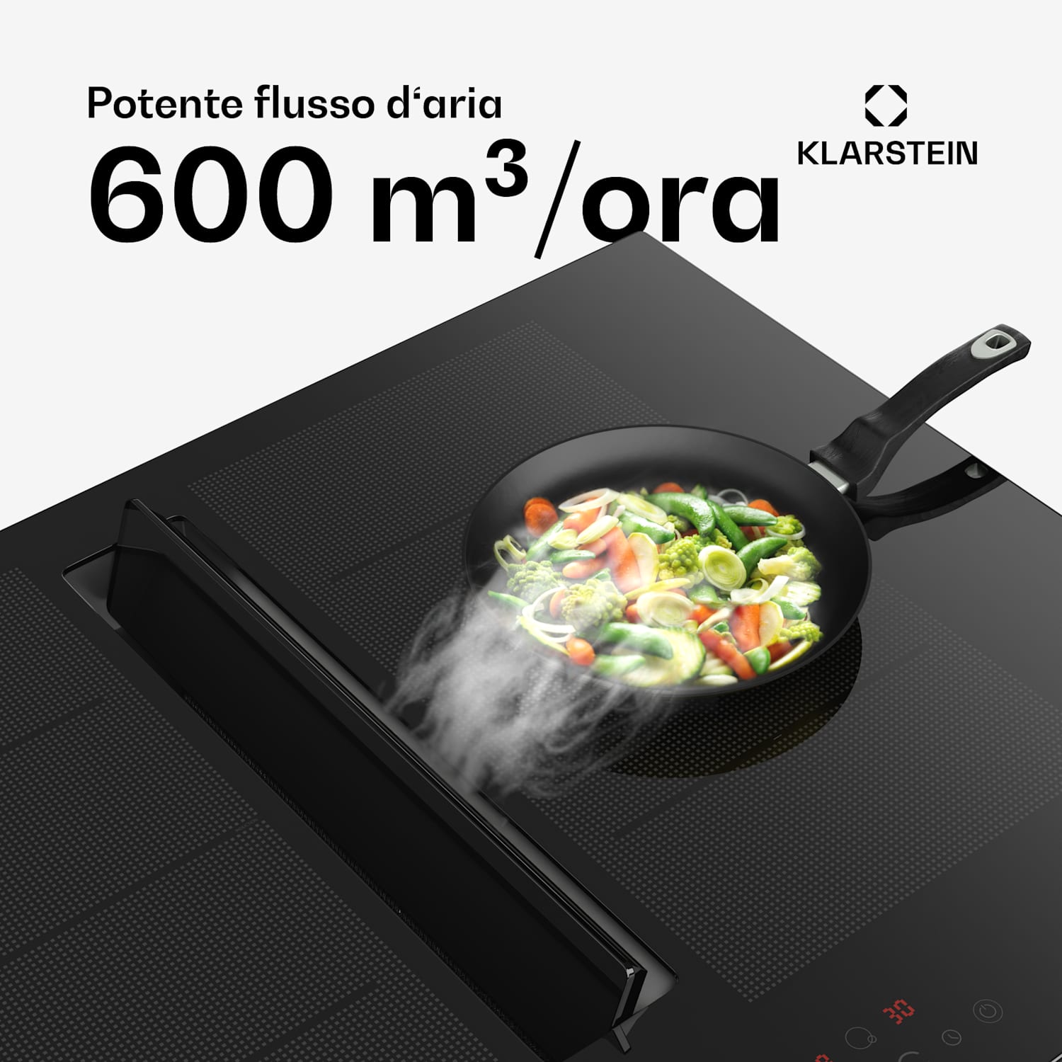 Chef-Fusion - Sistema Down Air, piano cottura a induzione + cappa DownAir, 72 cm, potenza aspirante di 600 m³/ora, A 72 cm | Preto