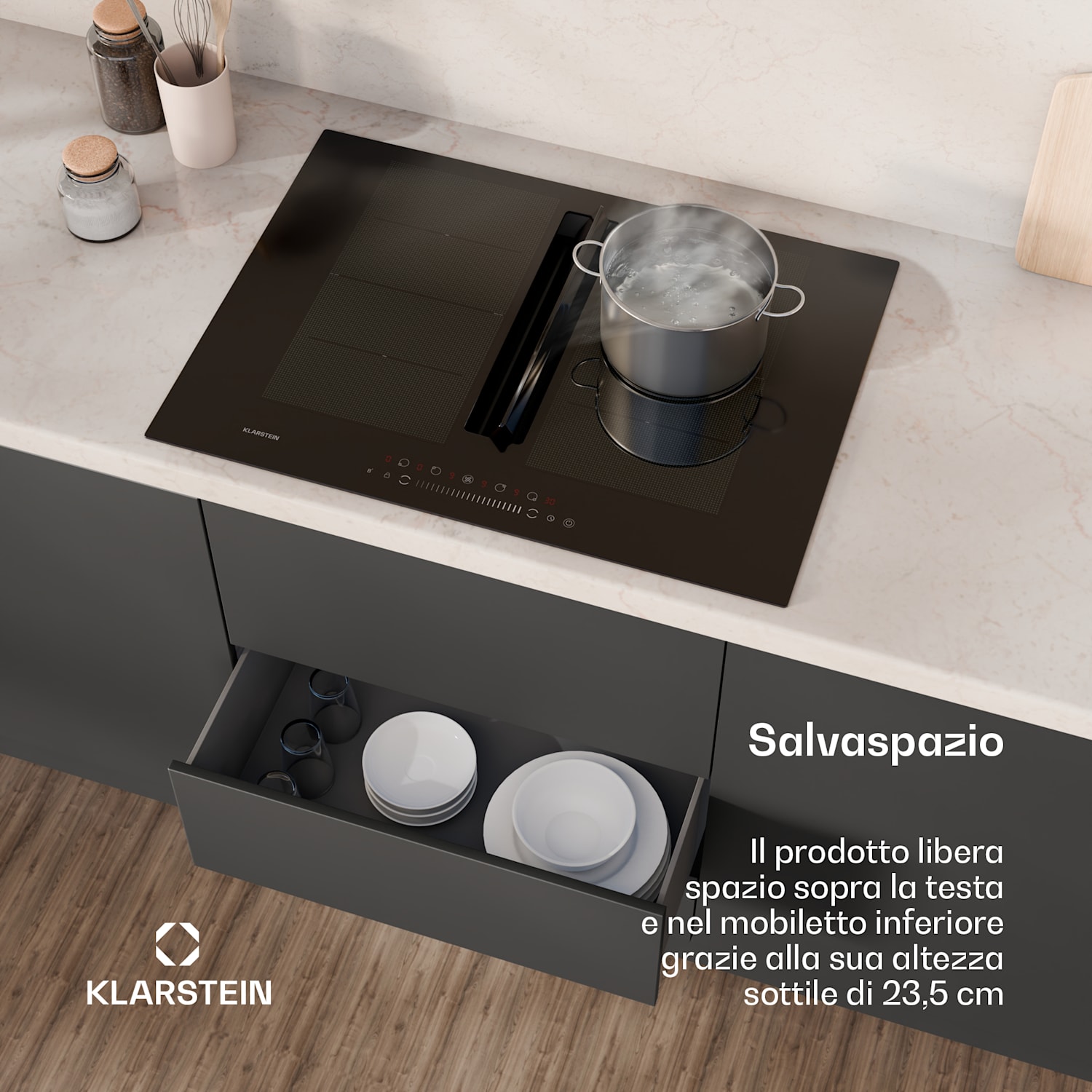 Chef-Fusion - Sistema Down Air, piano cottura a induzione + cappa DownAir, 72 cm, potenza aspirante di 600 m³/ora, A 72 cm | Preto