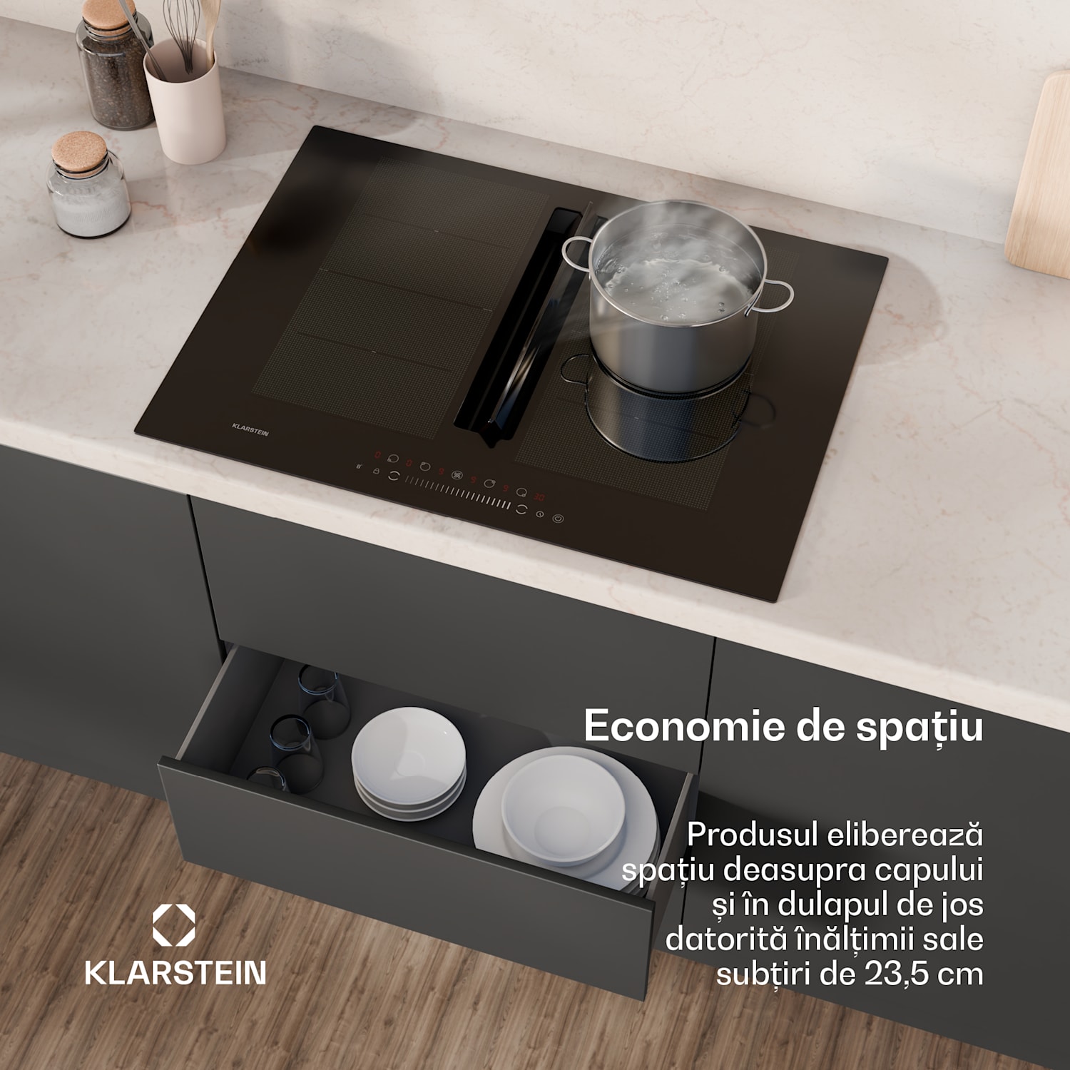 Sistem de aer Chef-Fusion DownAir, plită cu inducție + hotă DownAir, 72 cm, 600 m³/h, clasa energetică A++. 72 cm | Negru