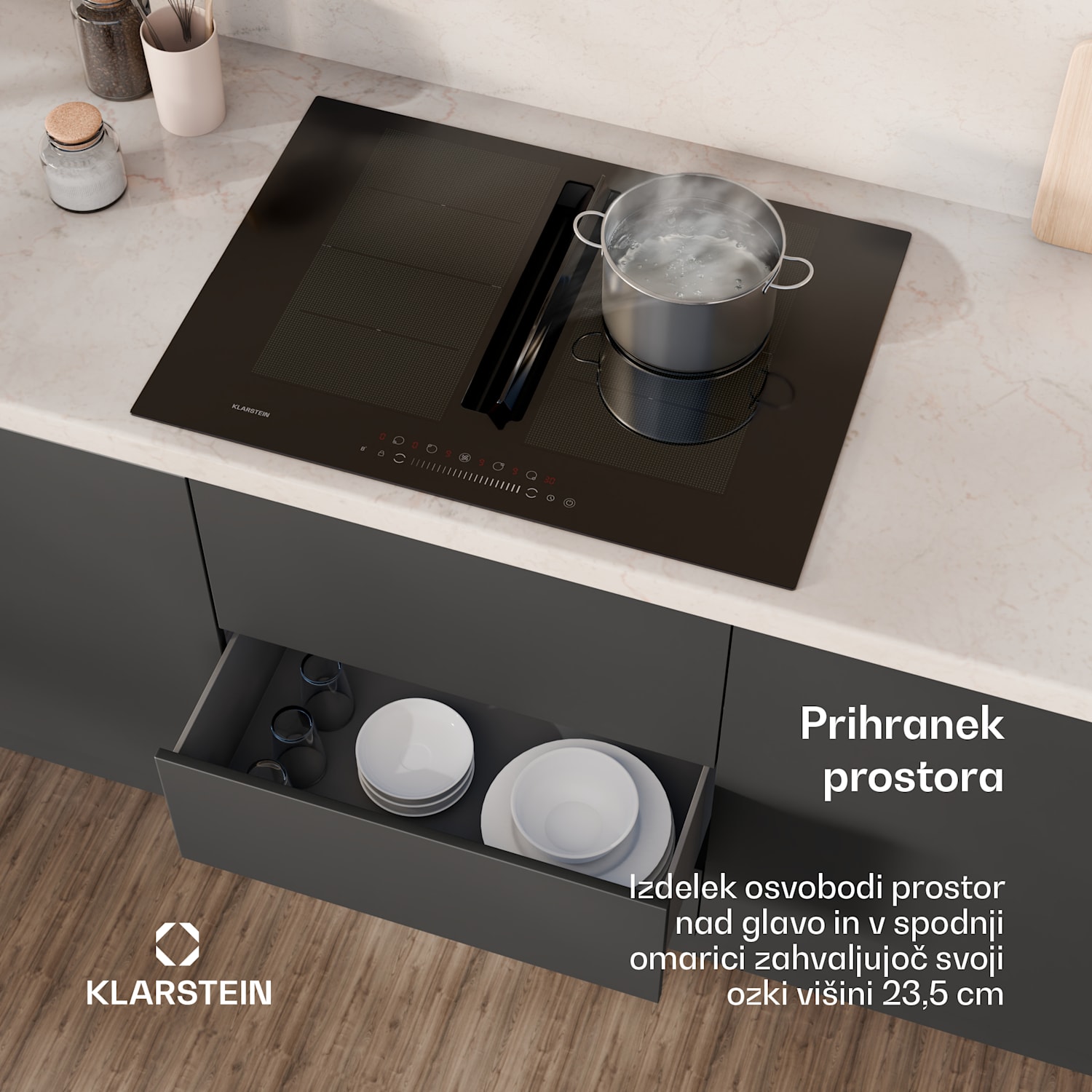 Chef-Fusion Down Air System, indukcijski štedilnik + DownAir kuhinjska napa, 72 cm, 600 m³/h EEC A 72 cm | Črna