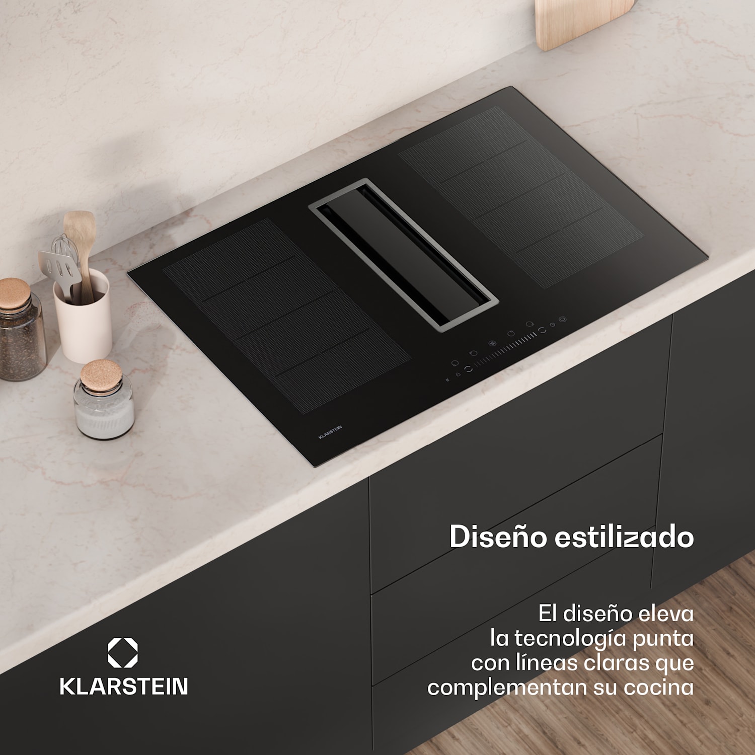 Placa de inducción Chef-Fusion Down Air System + campana extractora DownAir 77 cm Rendimiento del aire de salida 600 m³/h A 77 cm | Negro