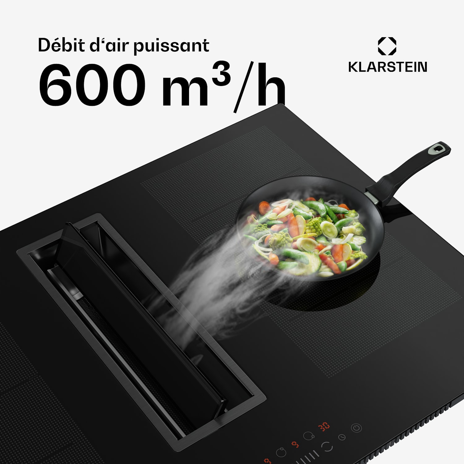 Chef-Fusion Down Air System cuisinière à induction + hotte à flux descendant 77 cm 600 m³/h puissance d'extraction A 77 cm | Crna