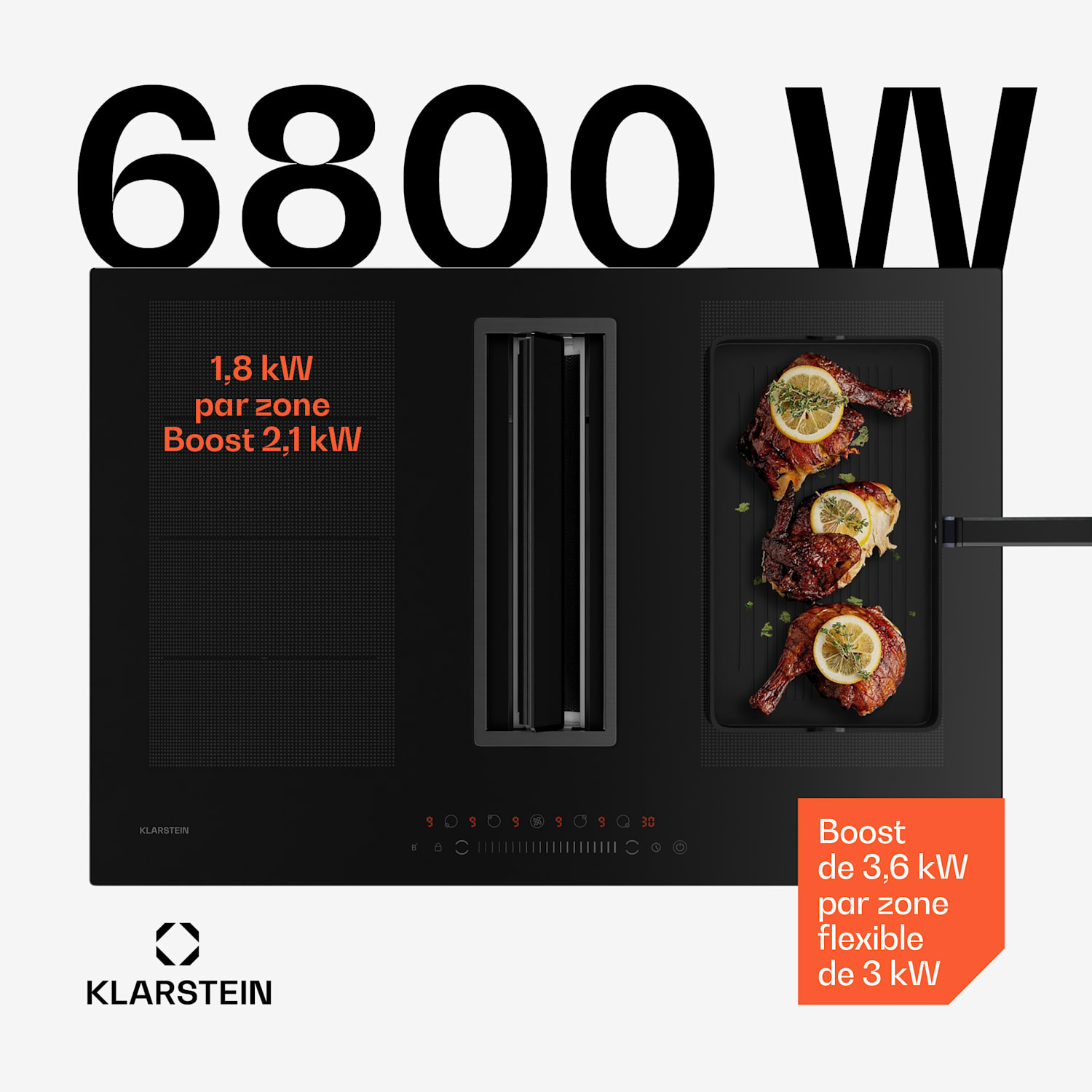 Chef-Fusion Down Air System cuisinière à induction + hotte à flux descendant 77 cm 600 m³/h puissance d'extraction A 77 cm | Crna