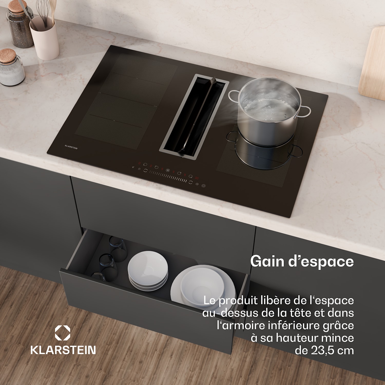 Chef-Fusion Down Air System cuisinière à induction + hotte à flux descendant 77 cm 600 m³/h puissance d'extraction A 77 cm | Crna