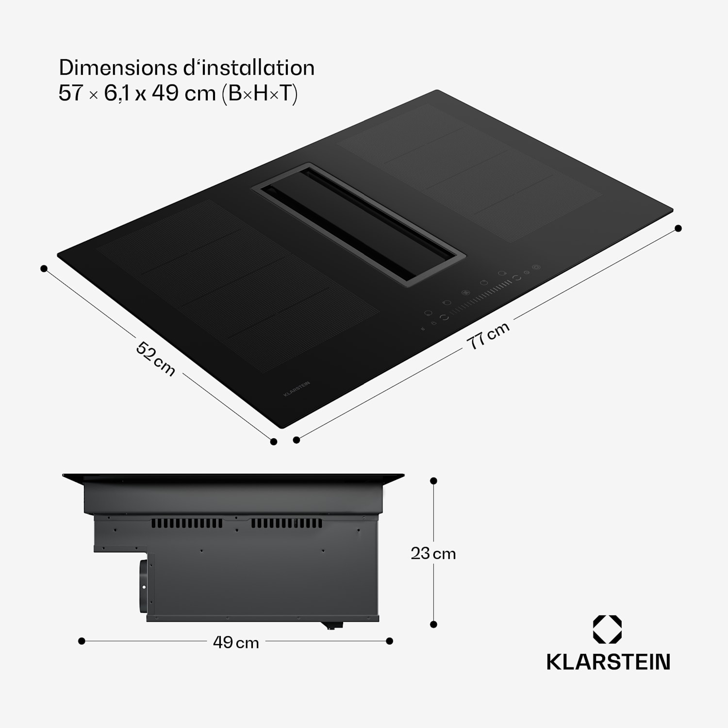 Chef-Fusion Down Air System cuisinière à induction + hotte à flux descendant 77 cm 600 m³/h puissance d'extraction A 77 cm | Crna