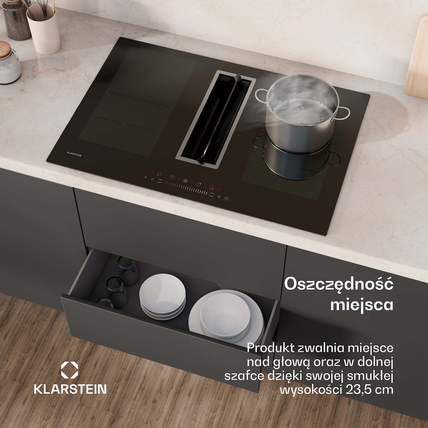 Chef-Fusion Down Air System, płyta indukcyjna + okap blatowy, 77 cm, 600 m³/h, klasa energetyczna A 77 cm | Črna