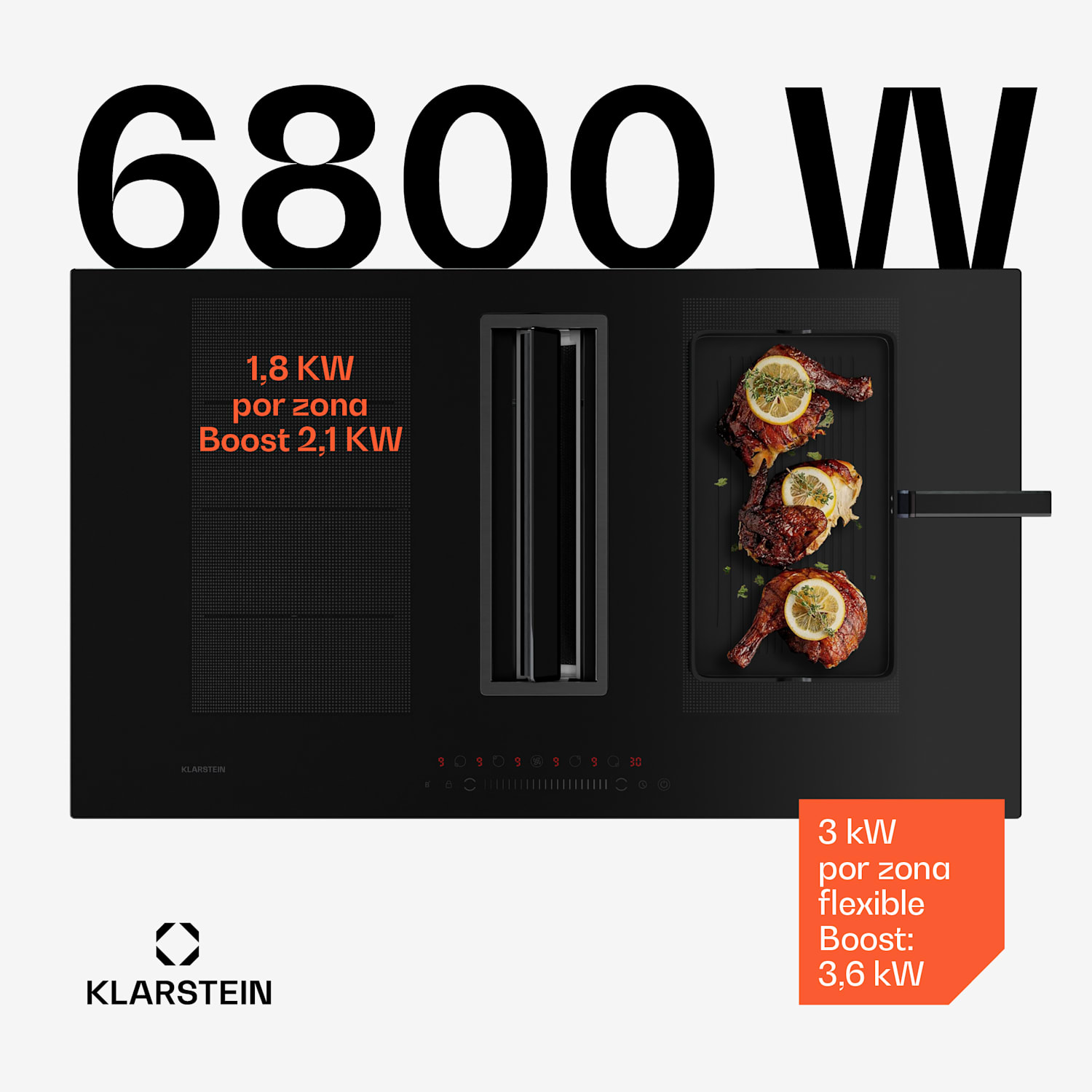 Placa de inducción Chef-Fusion Down Air System + campana extractora DownAir 90cm Rendimiento del aire de salida 600 m³/h A+ 90 cm | Negro