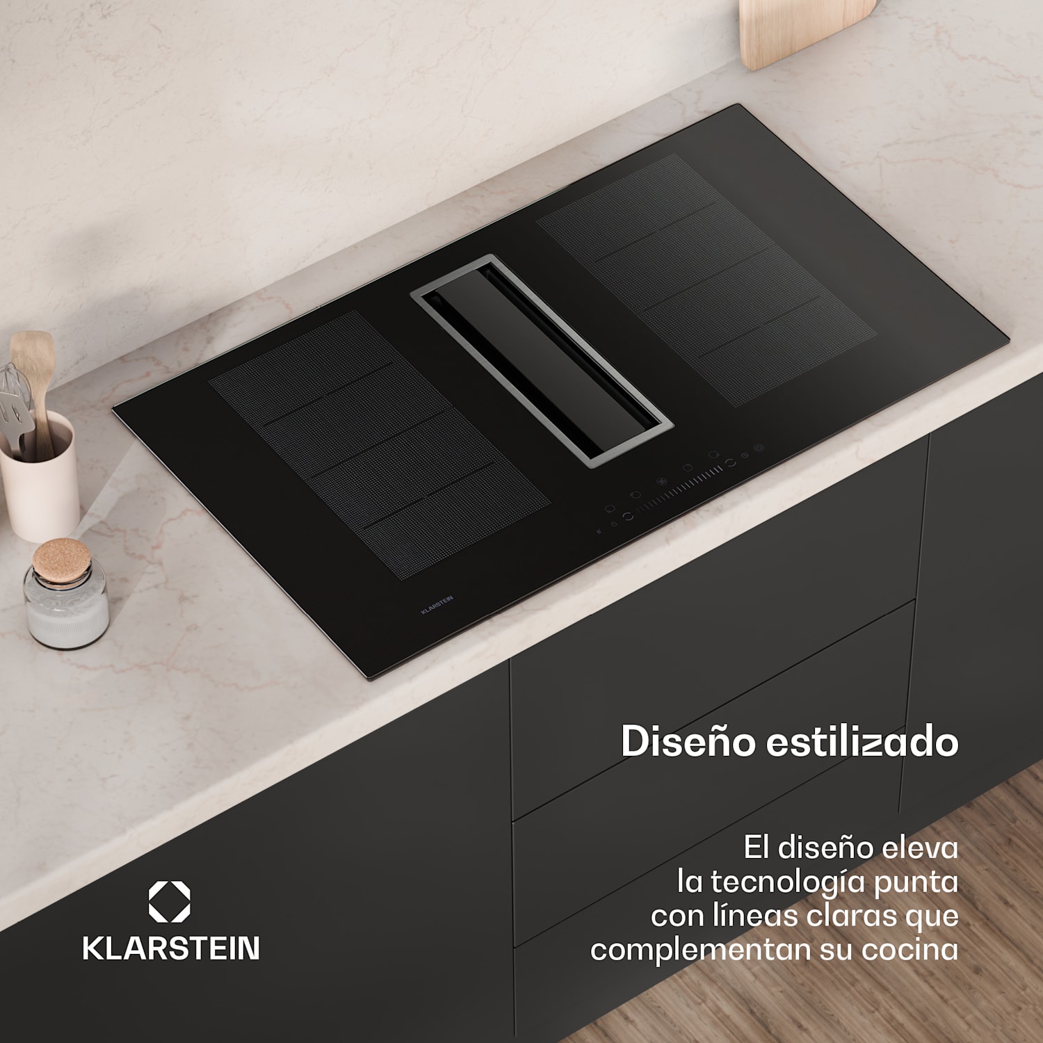 Placa de inducción Chef-Fusion Down Air System + campana extractora DownAir 90cm Rendimiento del aire de salida 600 m³/h A+ 90 cm | Negro