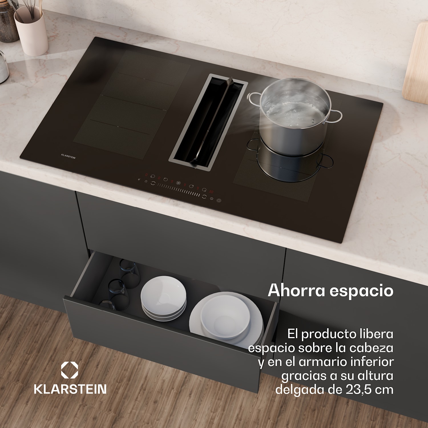 Placa de inducción Chef-Fusion Down Air System + campana extractora DownAir 90cm Rendimiento del aire de salida 600 m³/h A+ 90 cm | Negro