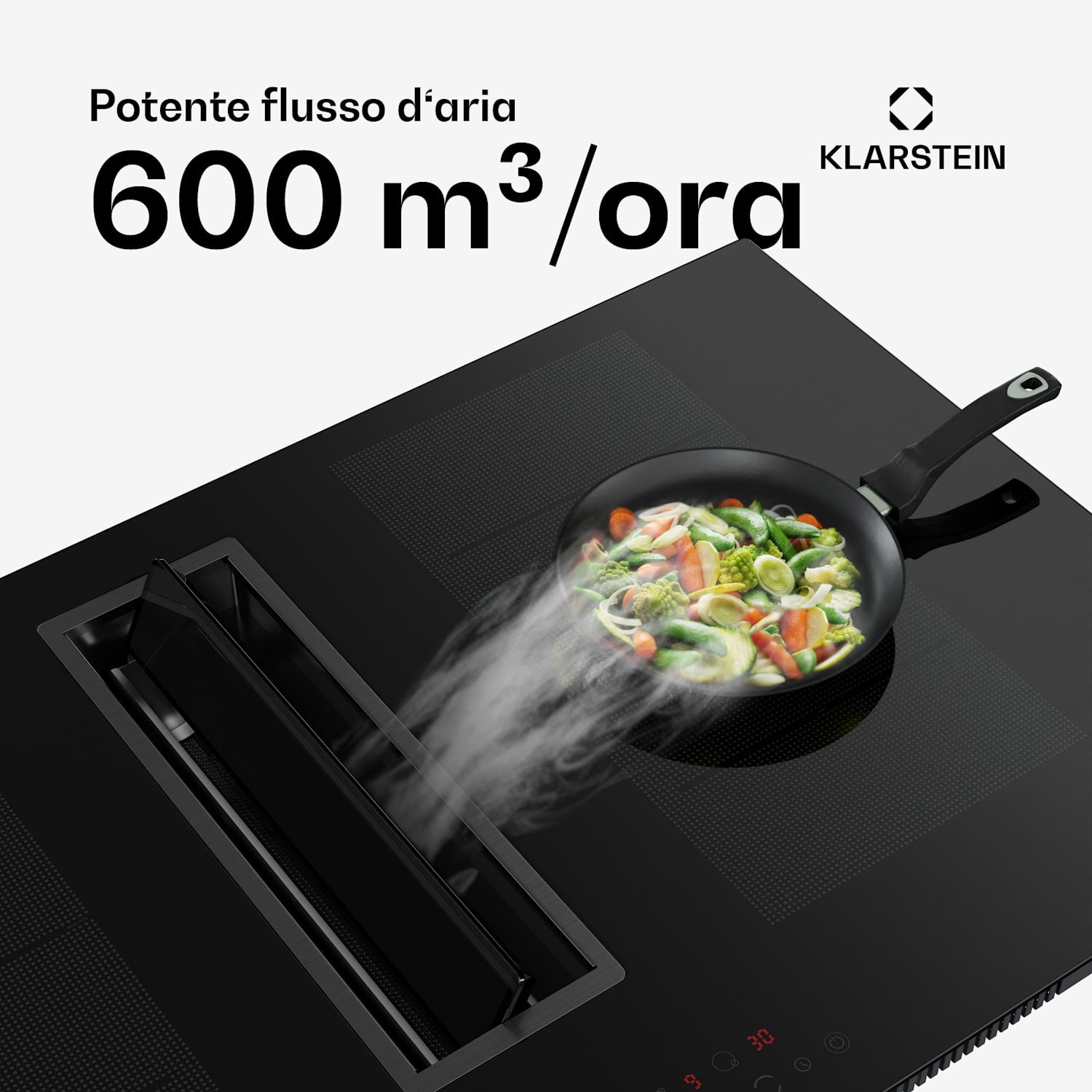 Chef-Fusion - Sistema Down Air, piano cottura a induzione + cappa DownAir, 90 cm, potenza aspirante di 600 m³/ora, A+ 90 cm | Preto