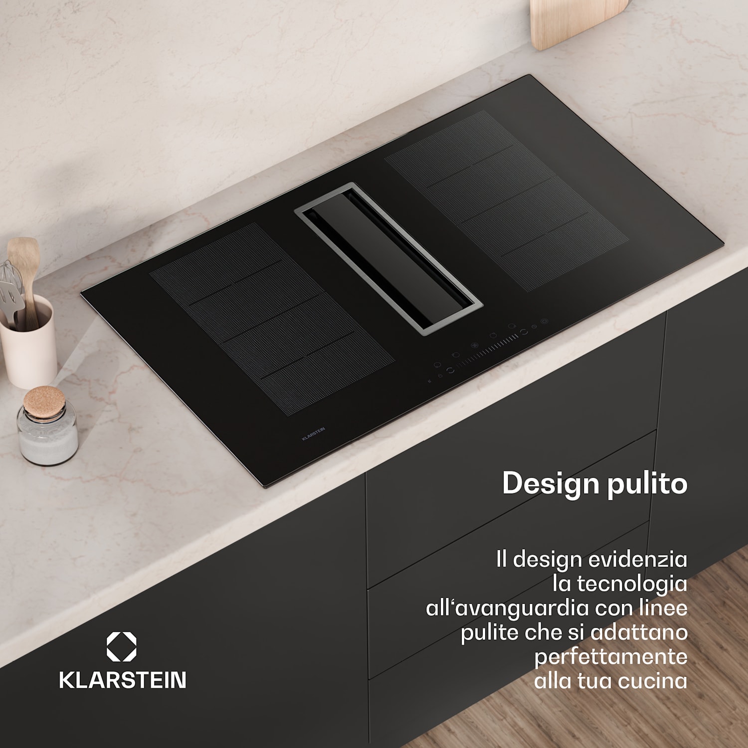 Chef-Fusion - Sistema Down Air, piano cottura a induzione + cappa DownAir, 90 cm, potenza aspirante di 600 m³/ora, A+ 90 cm | Preto