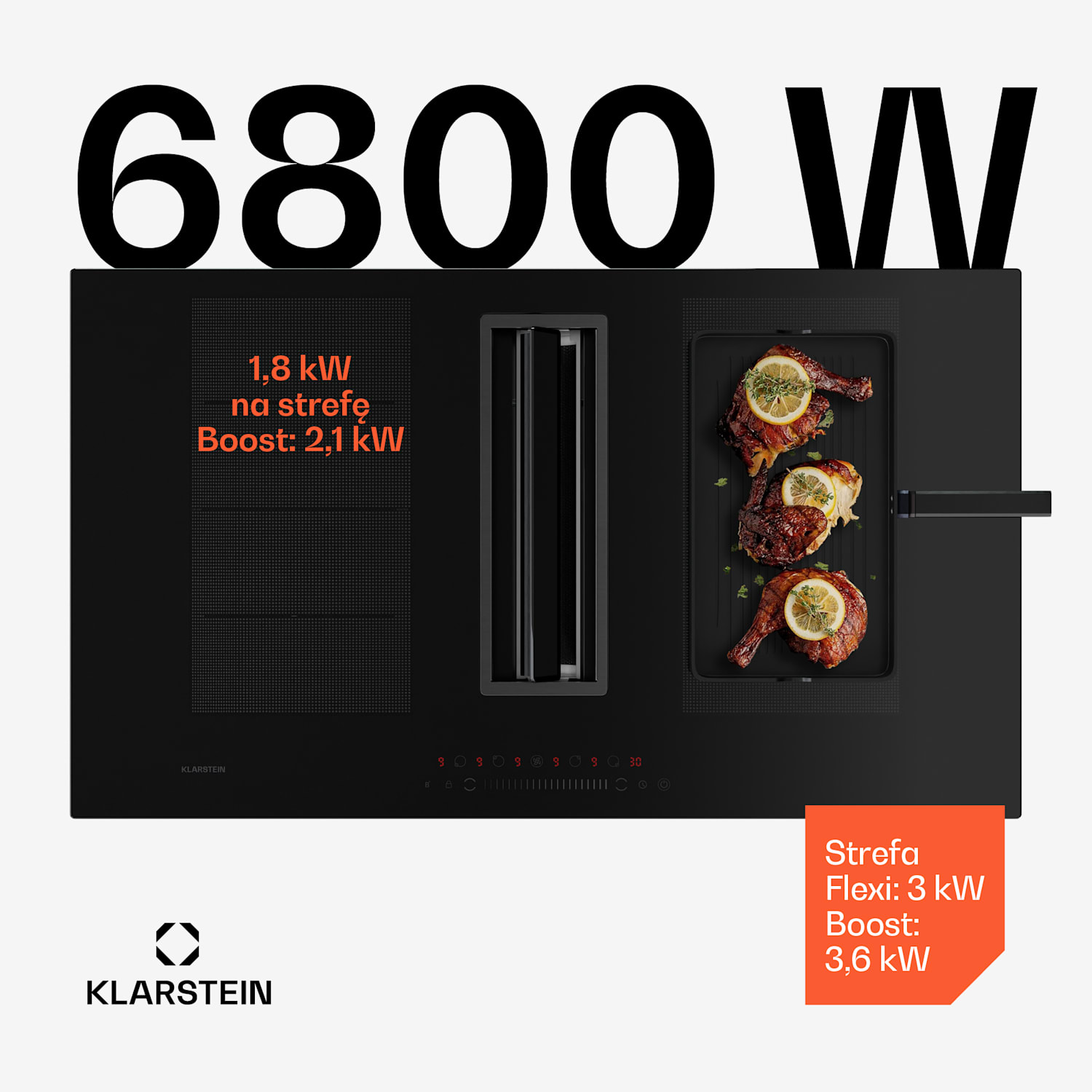 Chef-Fusion Down Air System, płyta indukcyjna + okap blatowy, 90 cm, 600 m³/h, klasa energetyczna A+ 