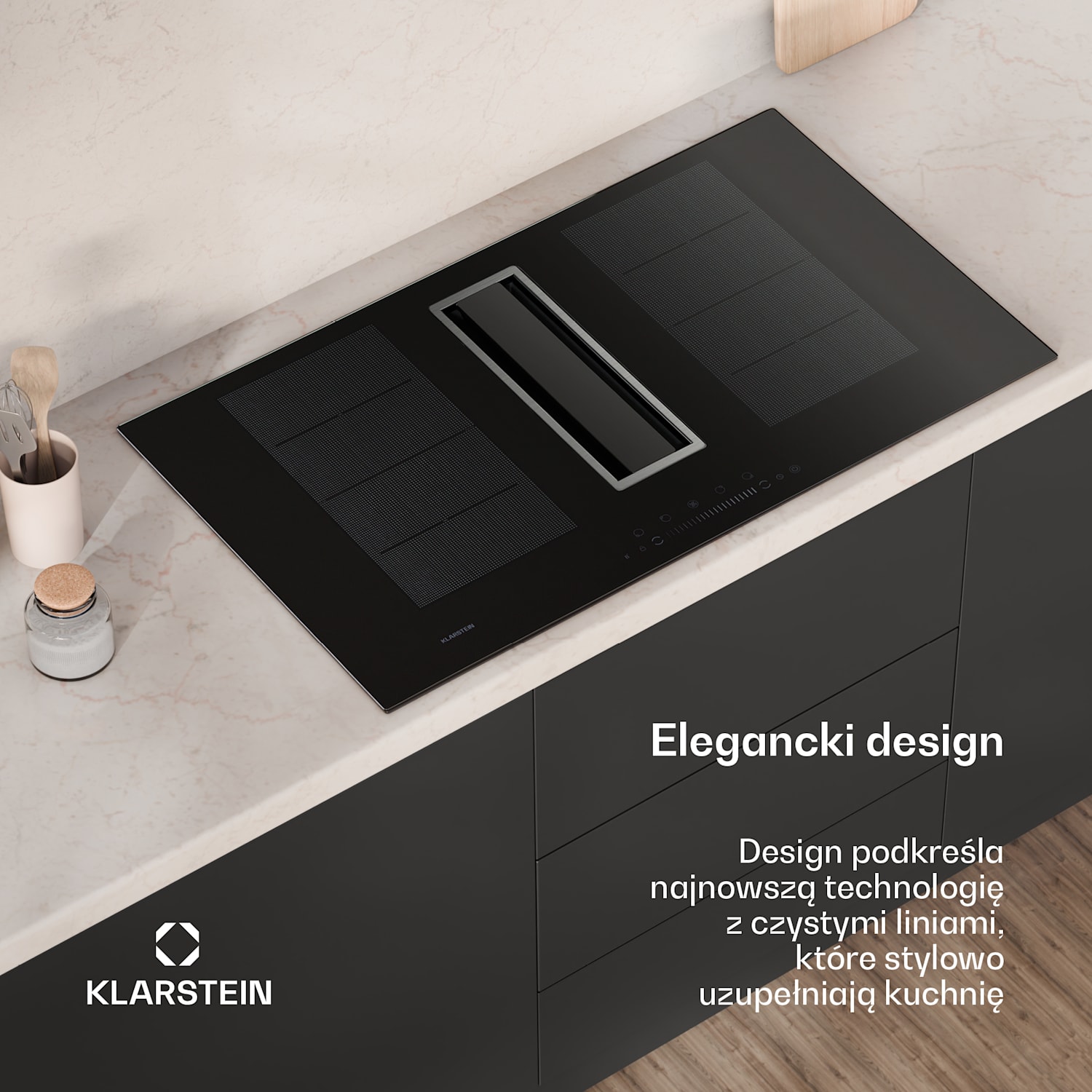 Chef-Fusion Down Air System, płyta indukcyjna + okap blatowy, 90 cm, 600 m³/h, klasa energetyczna A+ 