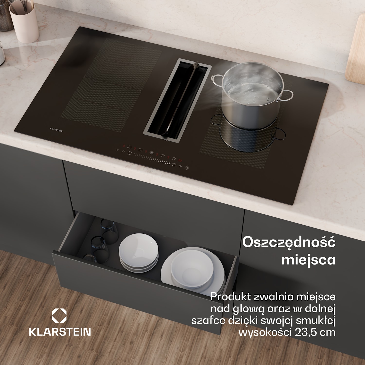 Chef-Fusion Down Air System, płyta indukcyjna + okap blatowy, 90 cm, 600 m³/h, klasa energetyczna A+ 