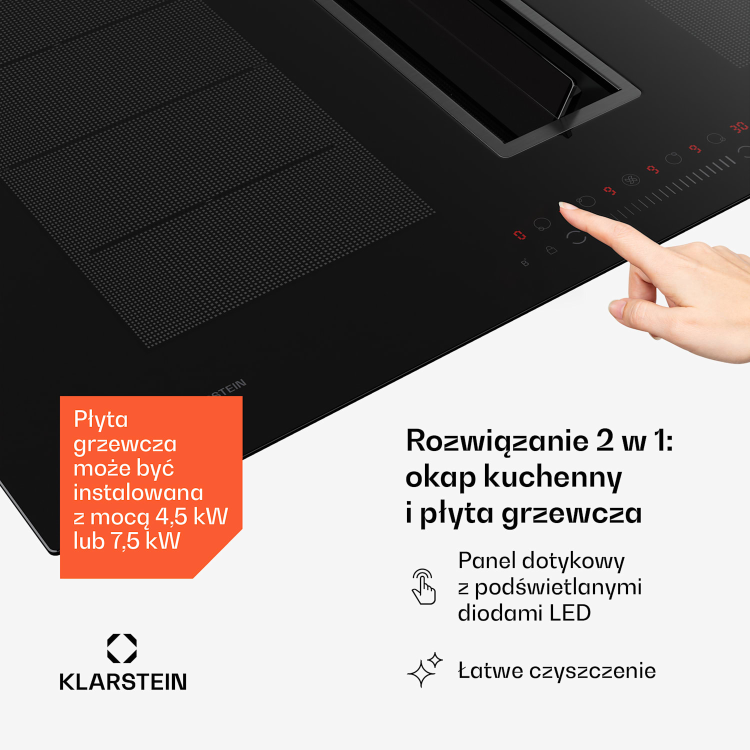 Chef-Fusion Down Air System, płyta indukcyjna + okap blatowy, 90 cm, 600 m³/h, klasa energetyczna A+ 