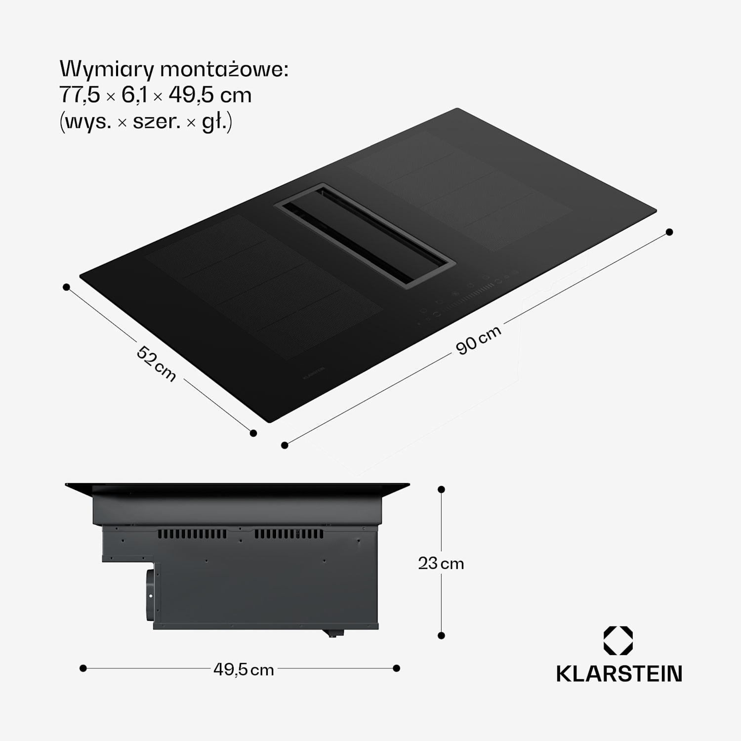Chef-Fusion Down Air System, płyta indukcyjna + okap blatowy, 90 cm, 600 m³/h, klasa energetyczna A+ 