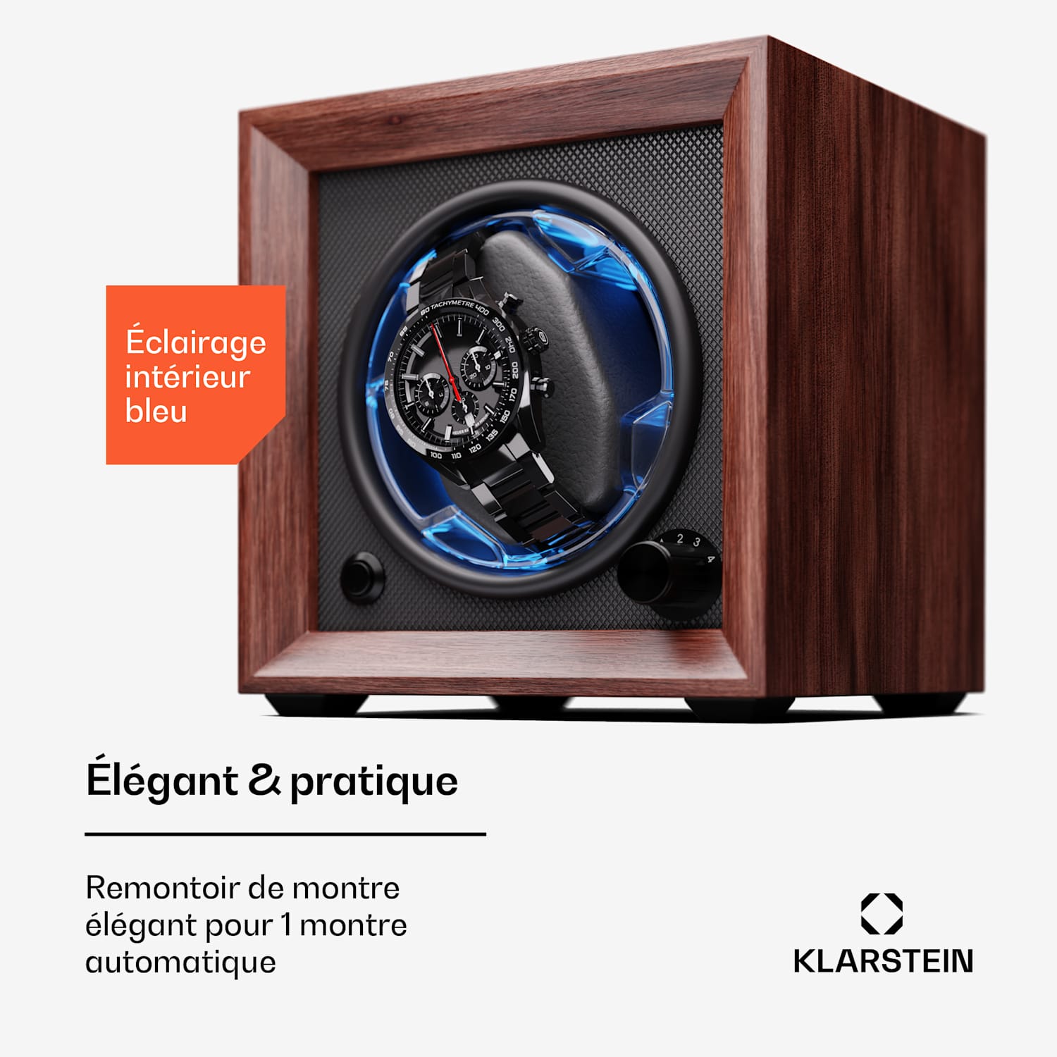 Brienz 1 watchwinder, 1 horloge, 4 modi, houten look, blauwe binnenverlichting 1 horloge | Walnoot