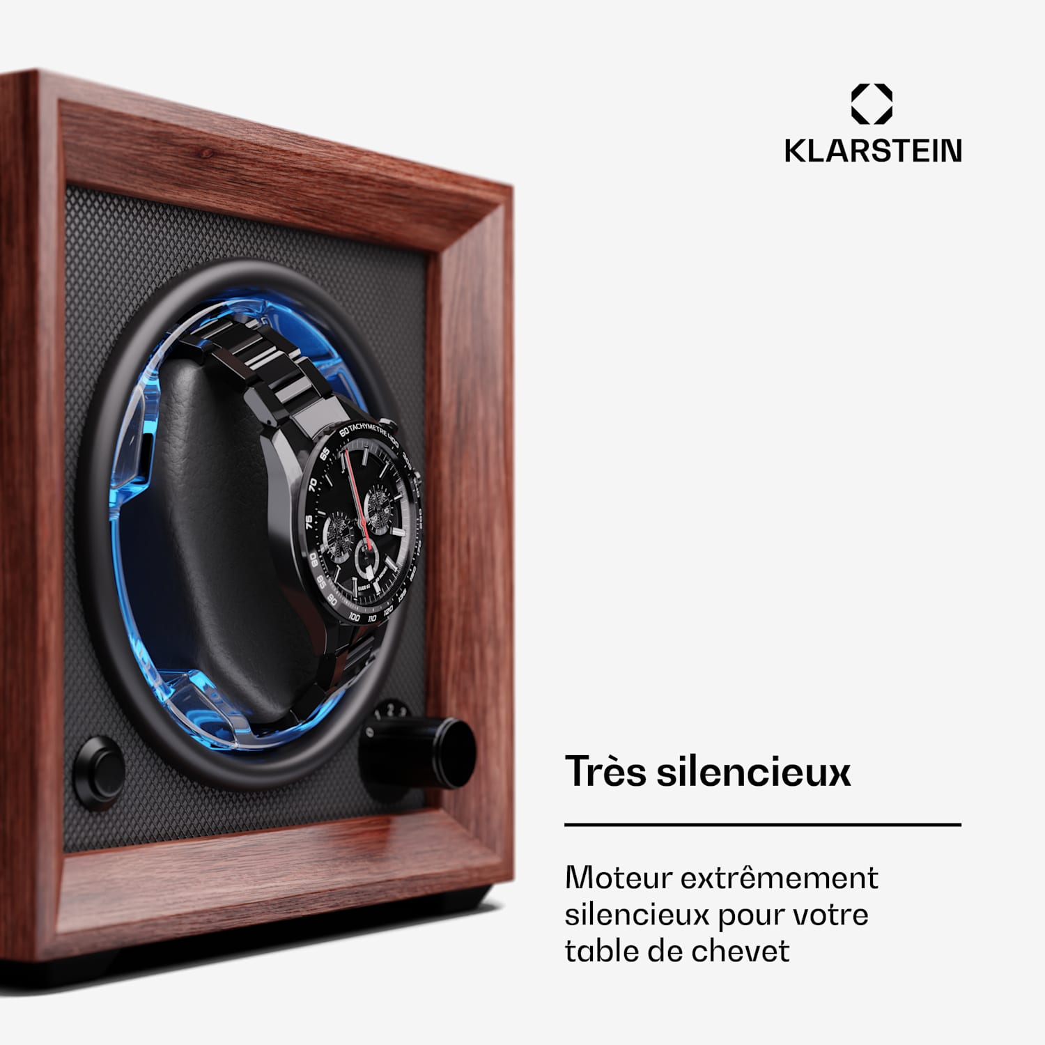 Brienz 1 watchwinder, 1 horloge, 4 modi, houten look, blauwe binnenverlichting 1 horloge | Walnoot