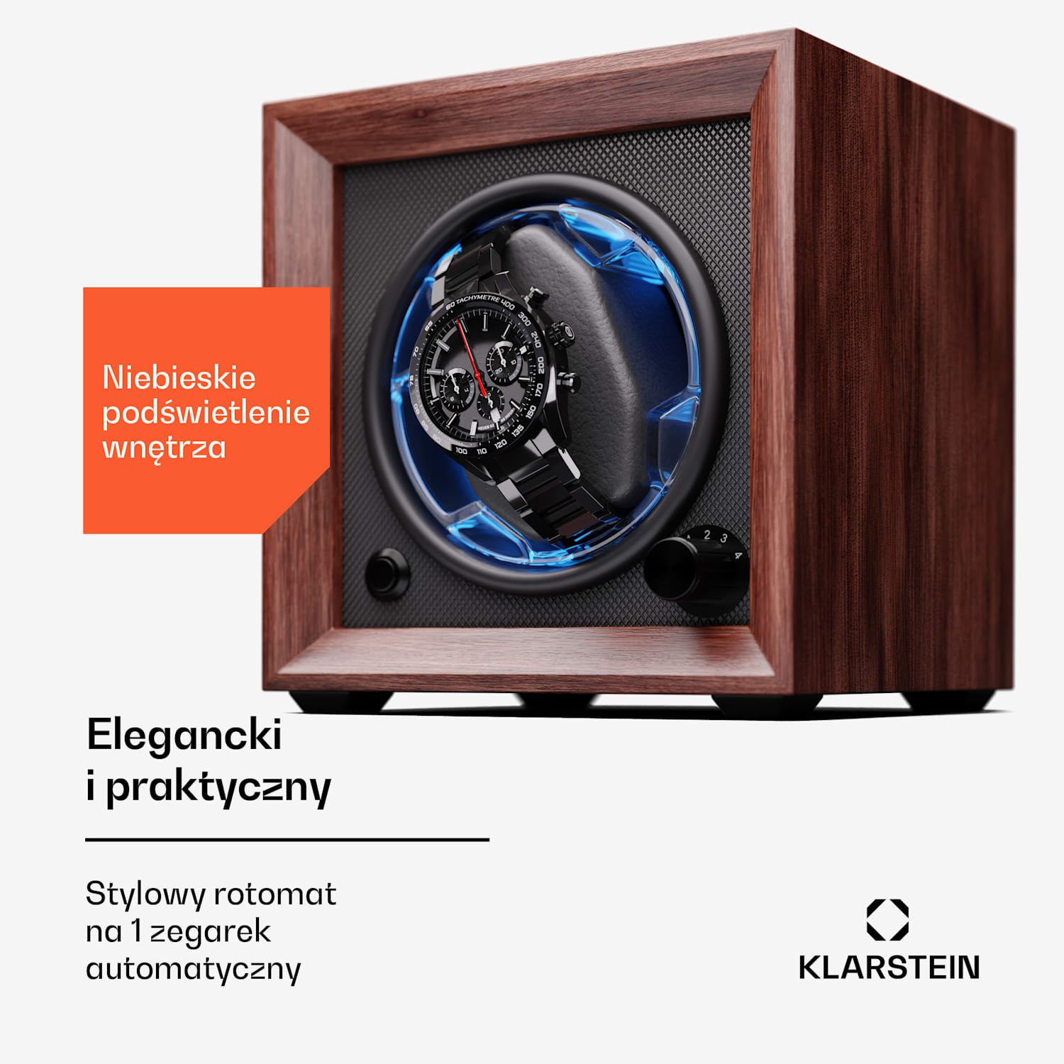 Brienz 1, rotomat do zegarków, 1 zegarek, 4 tryby, wygląd drewna, niebieskie oświetlenie 1 zegarek | Orzech Włoski