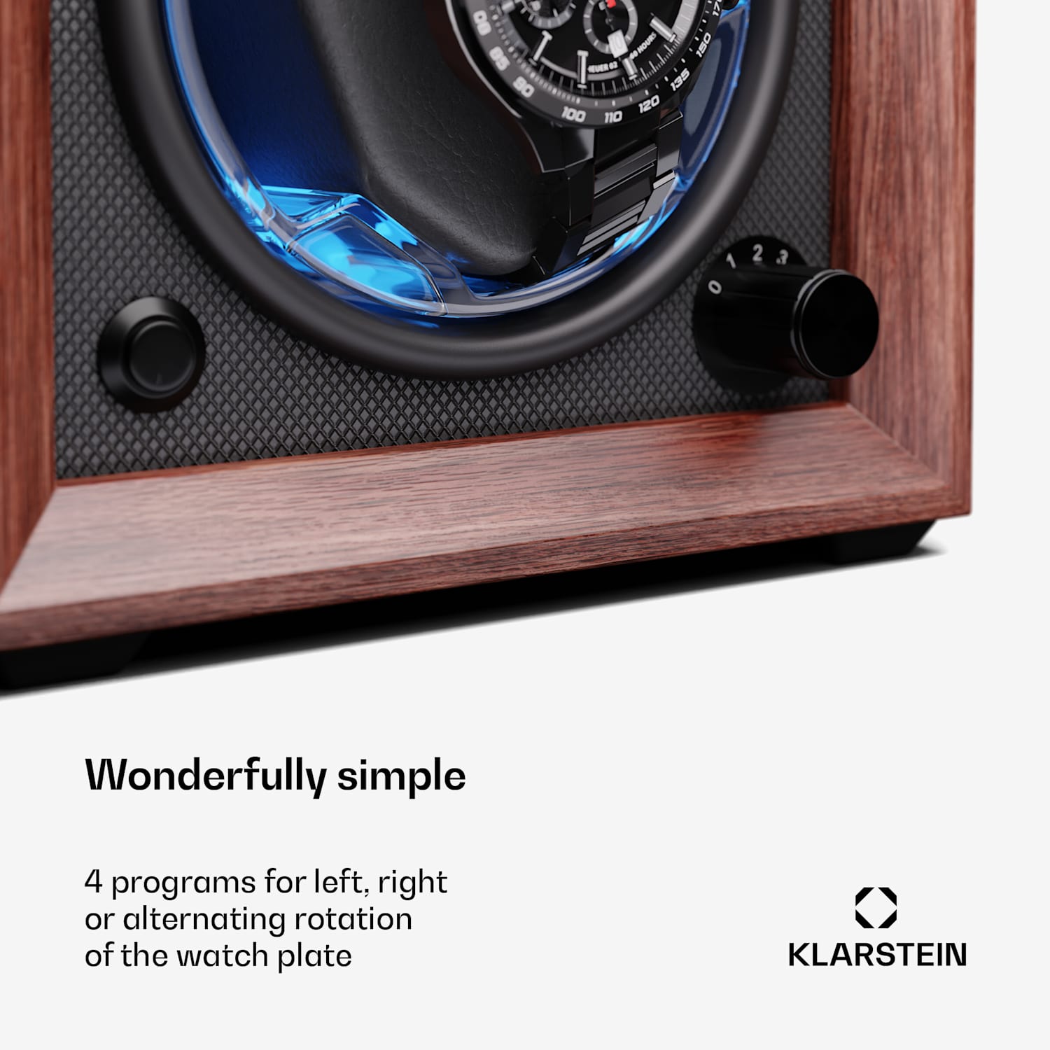 Brienz 1 watchwinder, 1 horloge, 4 modi, houten look, blauwe binnenverlichting 1 horloge | Walnoot