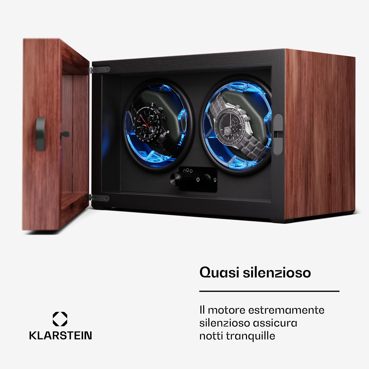 Brienz 2 - Caricatore per orologi, 2 orologi, 4 modalità, look effetto legno, illuminazione interna blu 2 orologi | Noce