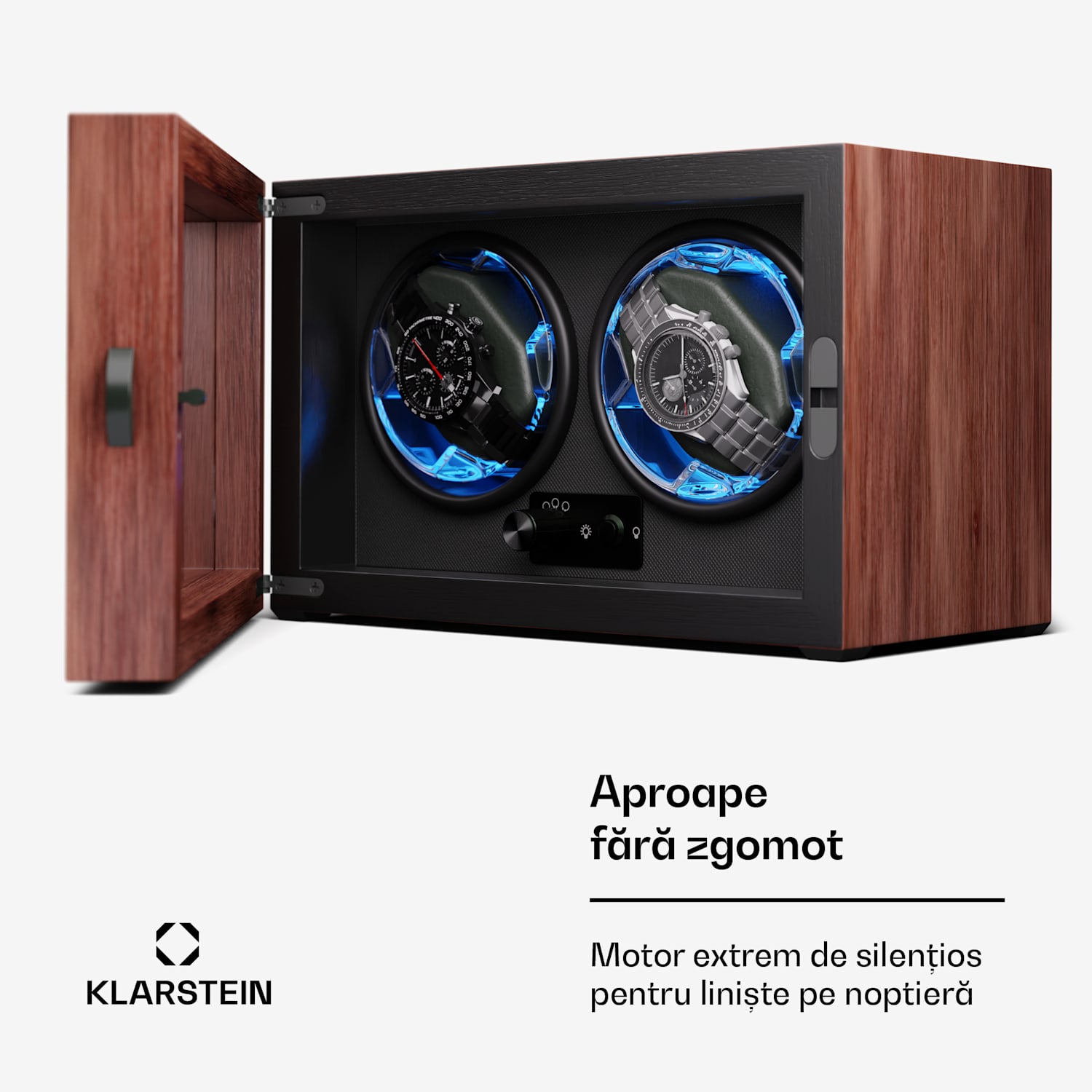 Brienz 2, cutie de întors ceasuri, 2 ceasuri, 4 moduri, aspect de lemn, lumină interioară albastră 2 watches | Nuci