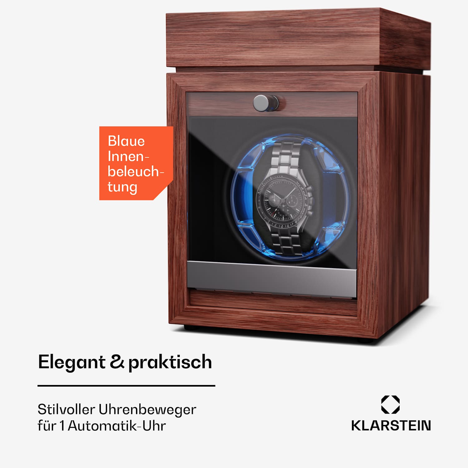 Brienz 1 Uhrenbeweger, 1 Uhr, 4 Modi, Holz-Optik, blaue   Innenbeleuchtung 1 Uhr mit Schmuckfach | Walnuss
