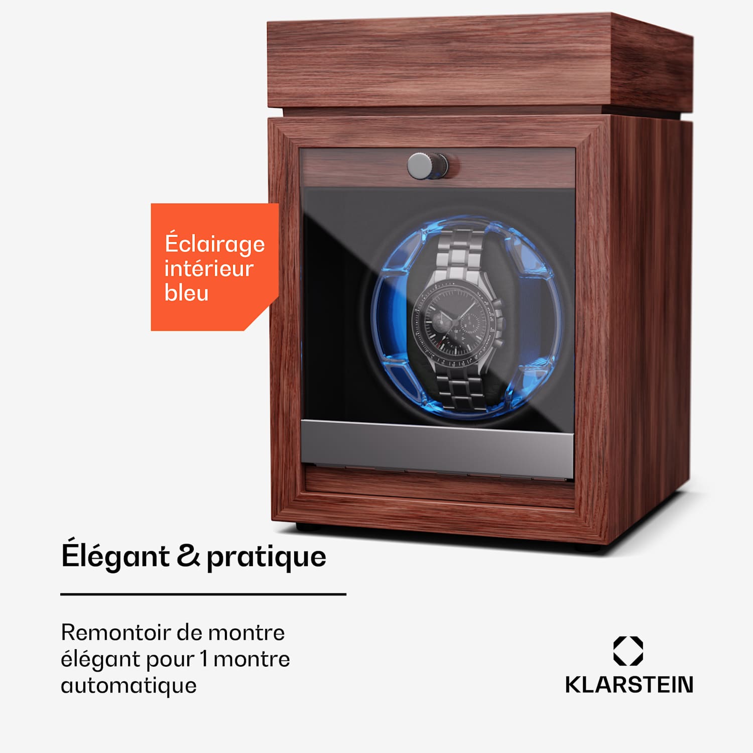 Brienz 1 watchwinder, 1 horloge, 4 modi, houten look, blauwe binnenverlichting 1 horloge met sieradenvakje | Walnoot