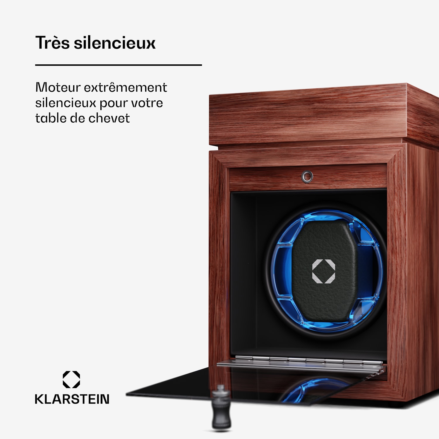 Brienz 1 watchwinder, 1 horloge, 4 modi, houten look, blauwe binnenverlichting 1 horloge met sieradenvakje | Walnoot