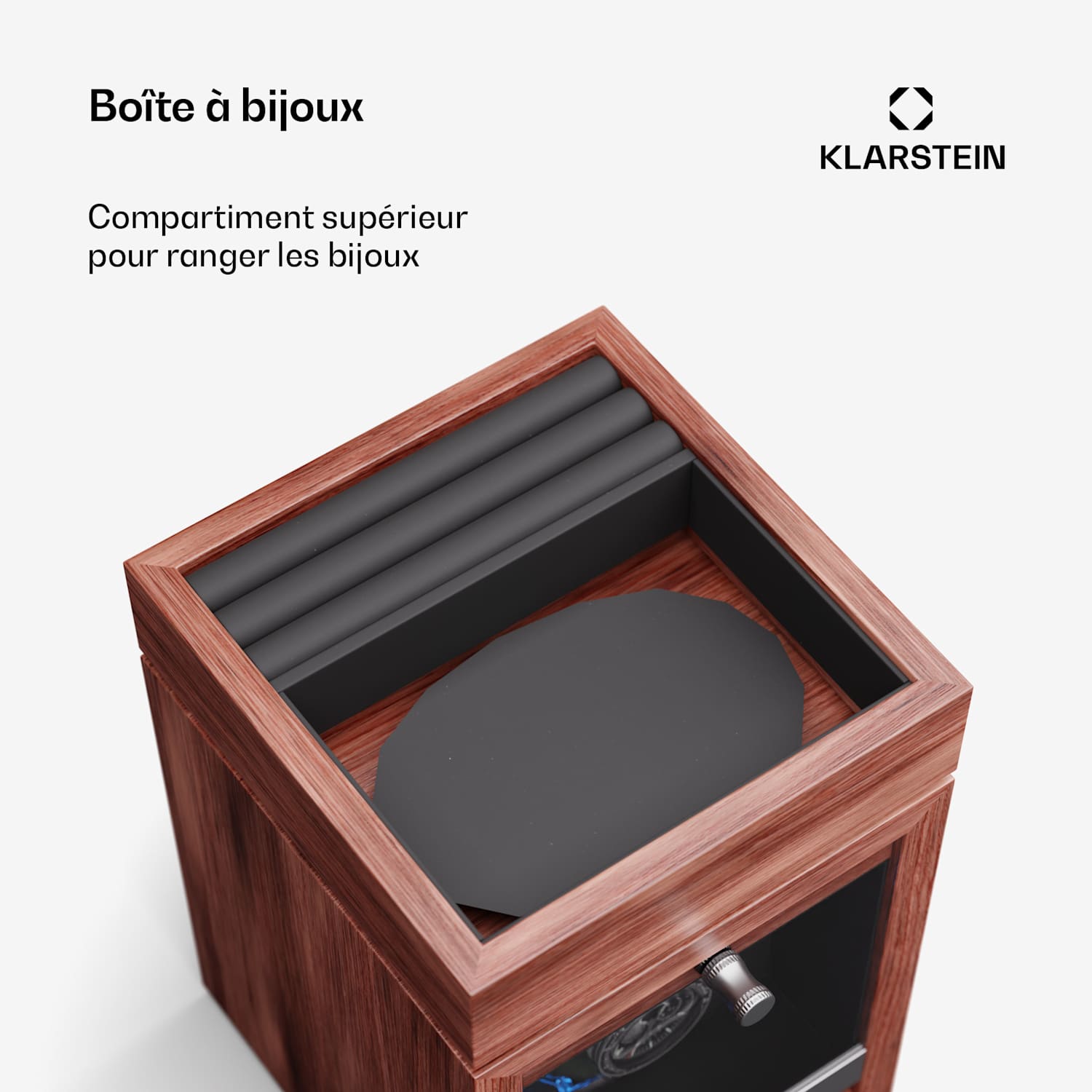 Brienz 1 watchwinder, 1 horloge, 4 modi, houten look, blauwe binnenverlichting 1 horloge met sieradenvakje | Walnoot