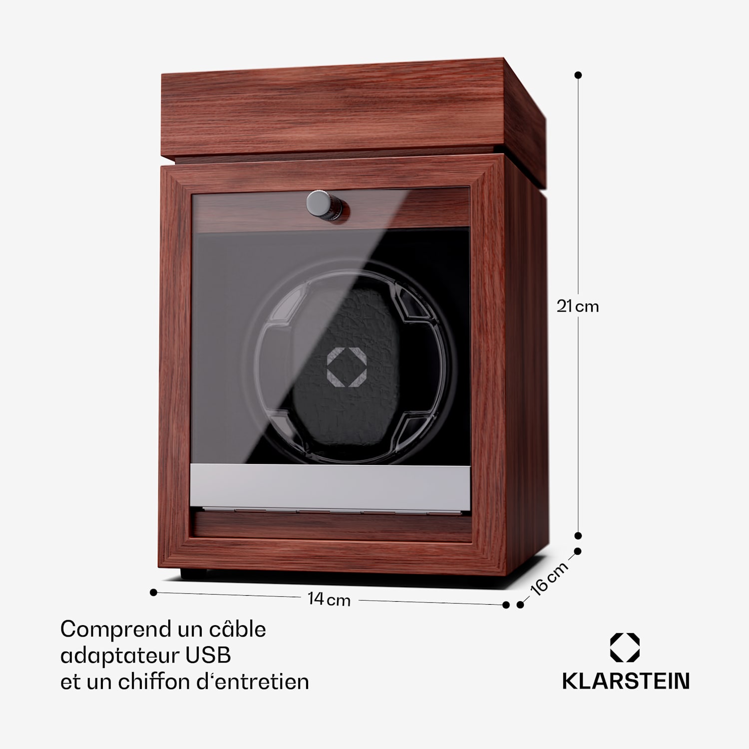 Brienz 1 watchwinder, 1 horloge, 4 modi, houten look, blauwe binnenverlichting 1 horloge met sieradenvakje | Walnoot