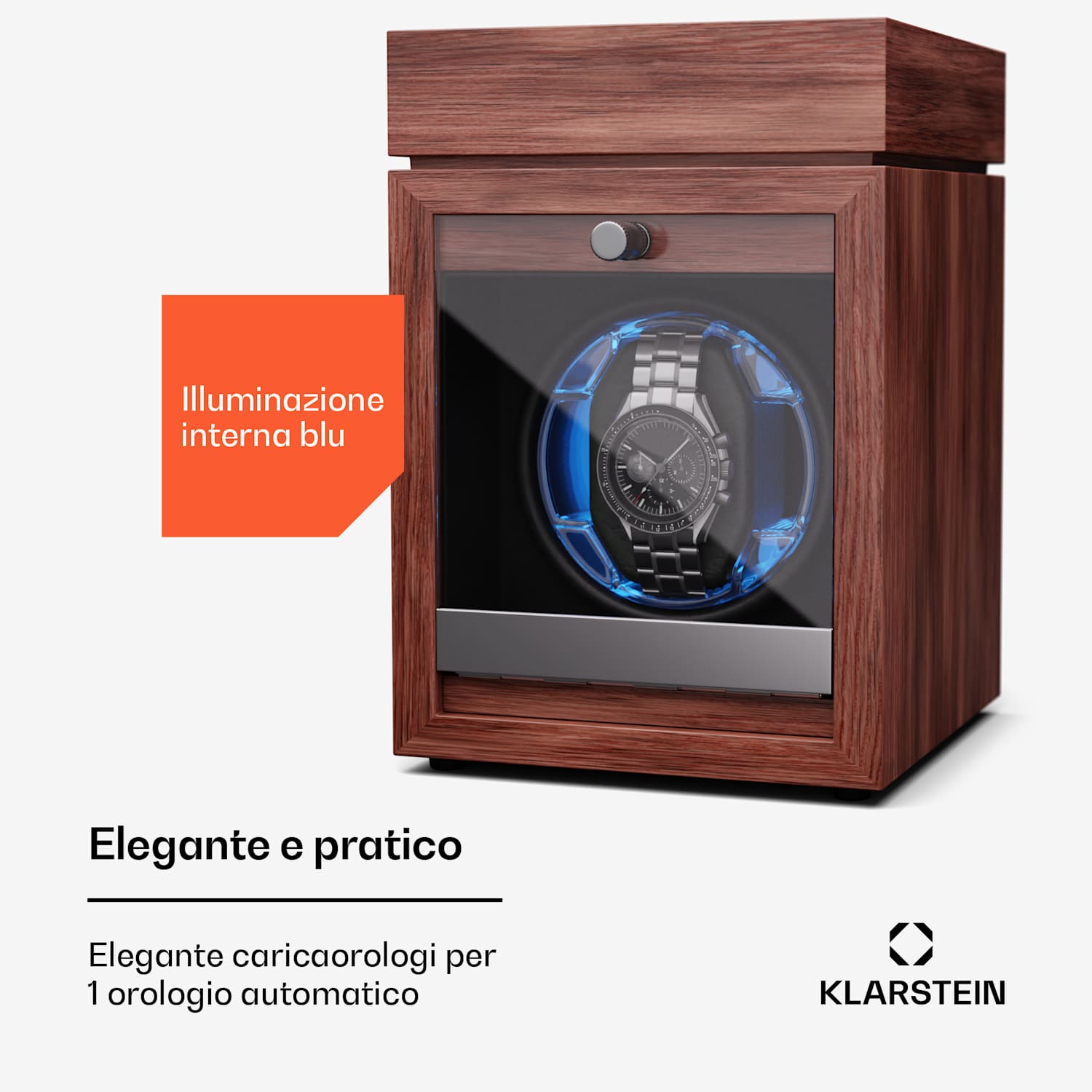 Brienz 1 - Caricatore per orologi, 1 orologio, 4 modalità, look effetto legno, illuminazione interna blu 1 orologio con scomparto per gioielli | Noce