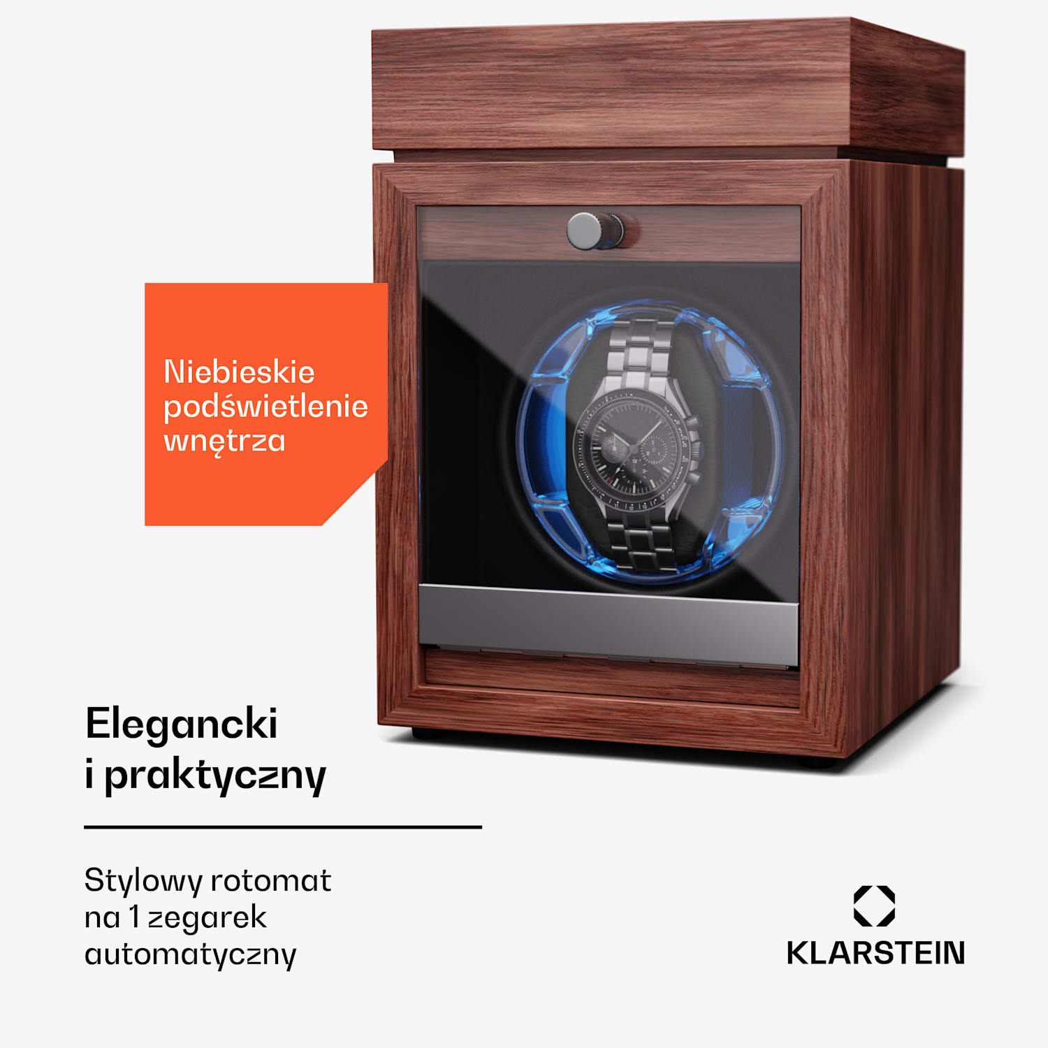 Brienz 1, rotomat do zegarków, 1 zegarek, 4 tryby, wygląd drewna, niebieskie oświetlenie 1 zegarek z przegródką na biżuterię | Orzech Włoski