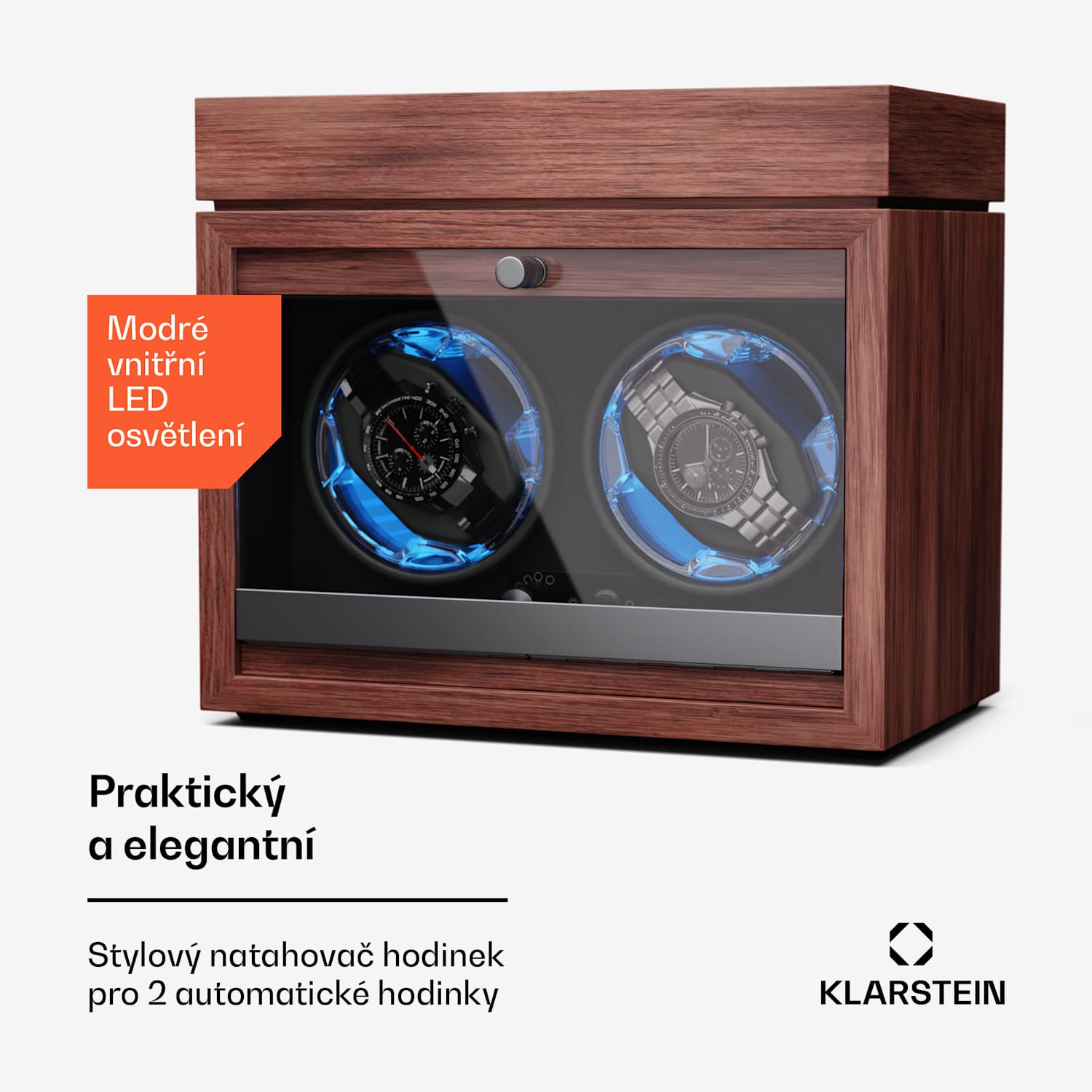 Brienz 2, natahovač hodinek, 2 hodinky, 4 režimy, dřevěný vzhled, modré vnitřní osvětlení 2 hodinky s přihrádkou na šperky | Ořech