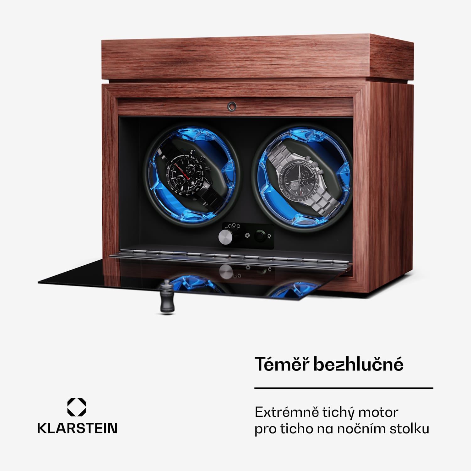 Brienz 2, natahovač hodinek, 2 hodinky, 4 režimy, dřevěný vzhled, modré vnitřní osvětlení 2 hodinky s přihrádkou na šperky | Ořech