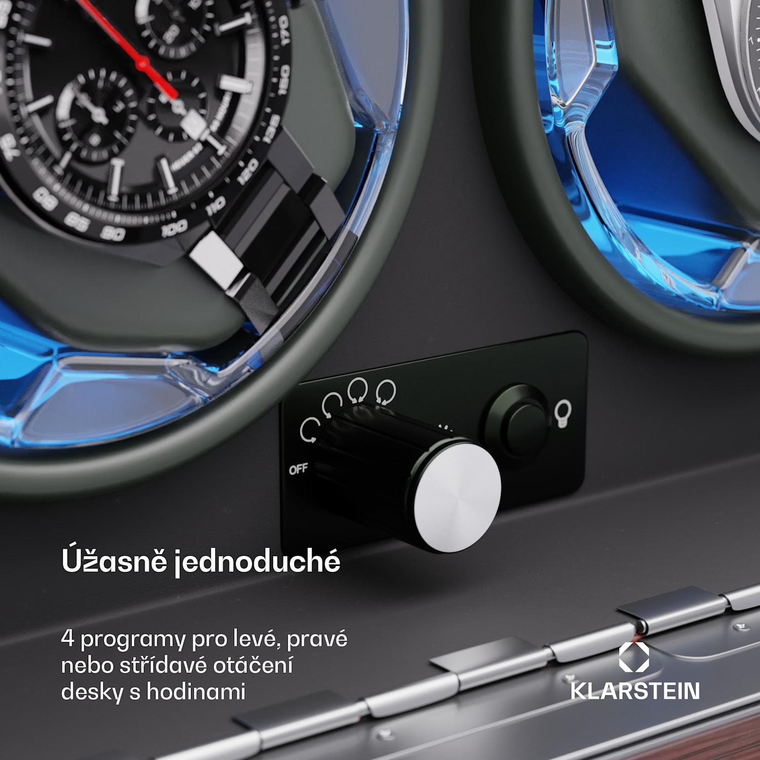 Brienz 2, natahovač hodinek, 2 hodinky, 4 režimy, dřevěný vzhled, modré vnitřní osvětlení 2 hodinky s přihrádkou na šperky | Ořech