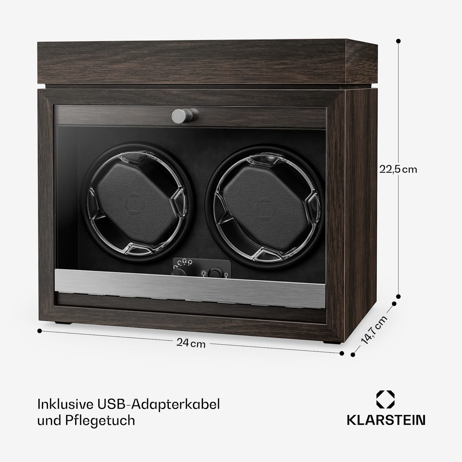 Brienz 2 Uhrenbeweger, 2 Uhren, 4 Modi, Holz-Optik, blaue   Innenbeleuchtung, Schmuckfach 2 Uhren mit Schmuckfach | Walnuss