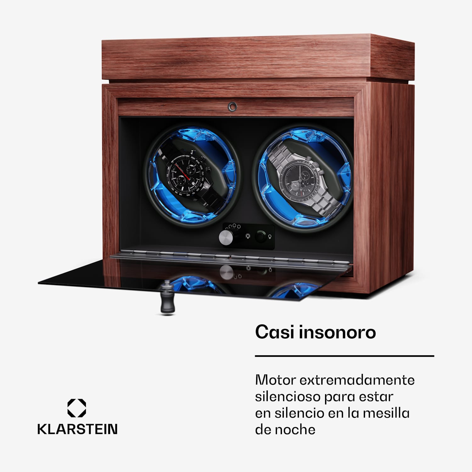 Brienz 2 cargador de reloj, 2 relojes, 4 modos, aspecto de madera, iluminación interior azul 2 relojes con compartimento para joyas | Nuez