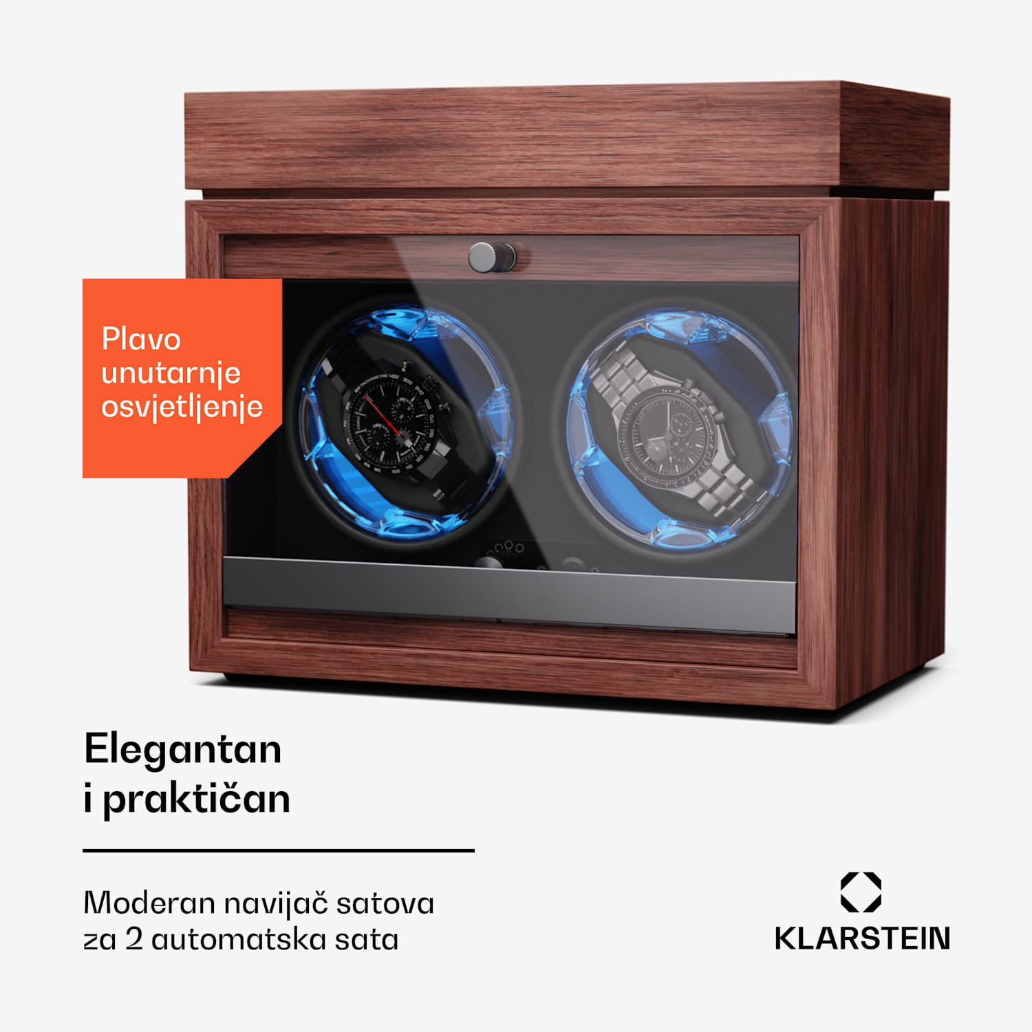 Brienz 2, navijač za sat, 2 sata, 4 načina rada, drveni izgled, plavo unutarnje svjetlo, pretinac za nakit 2 sata s odjeljkom za nakit | Orah