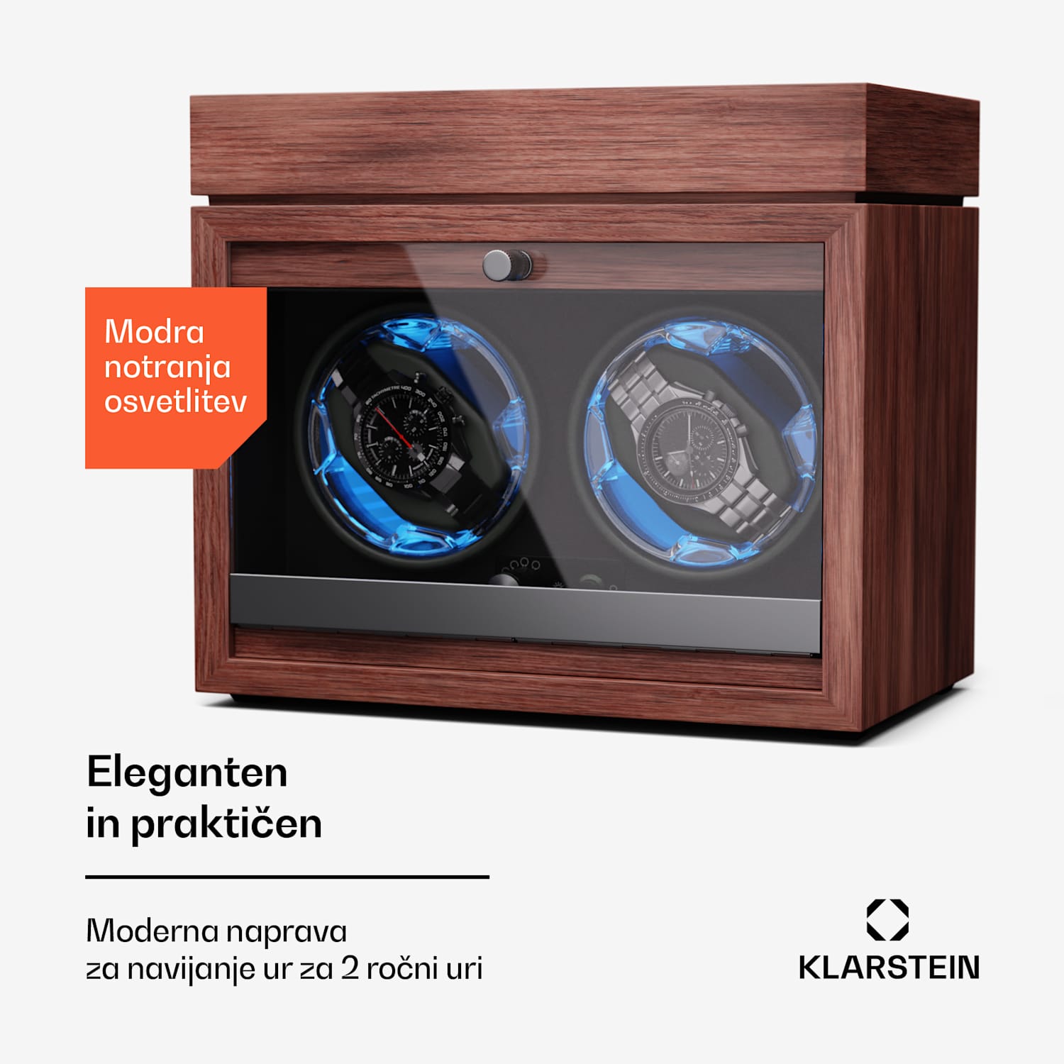 Brienz 2, navijalec za ure, 2 uri, 4 načini, lesen videz, modra notranja luč, predal za nakit 2 uri s predalom za nakit | Oreh
