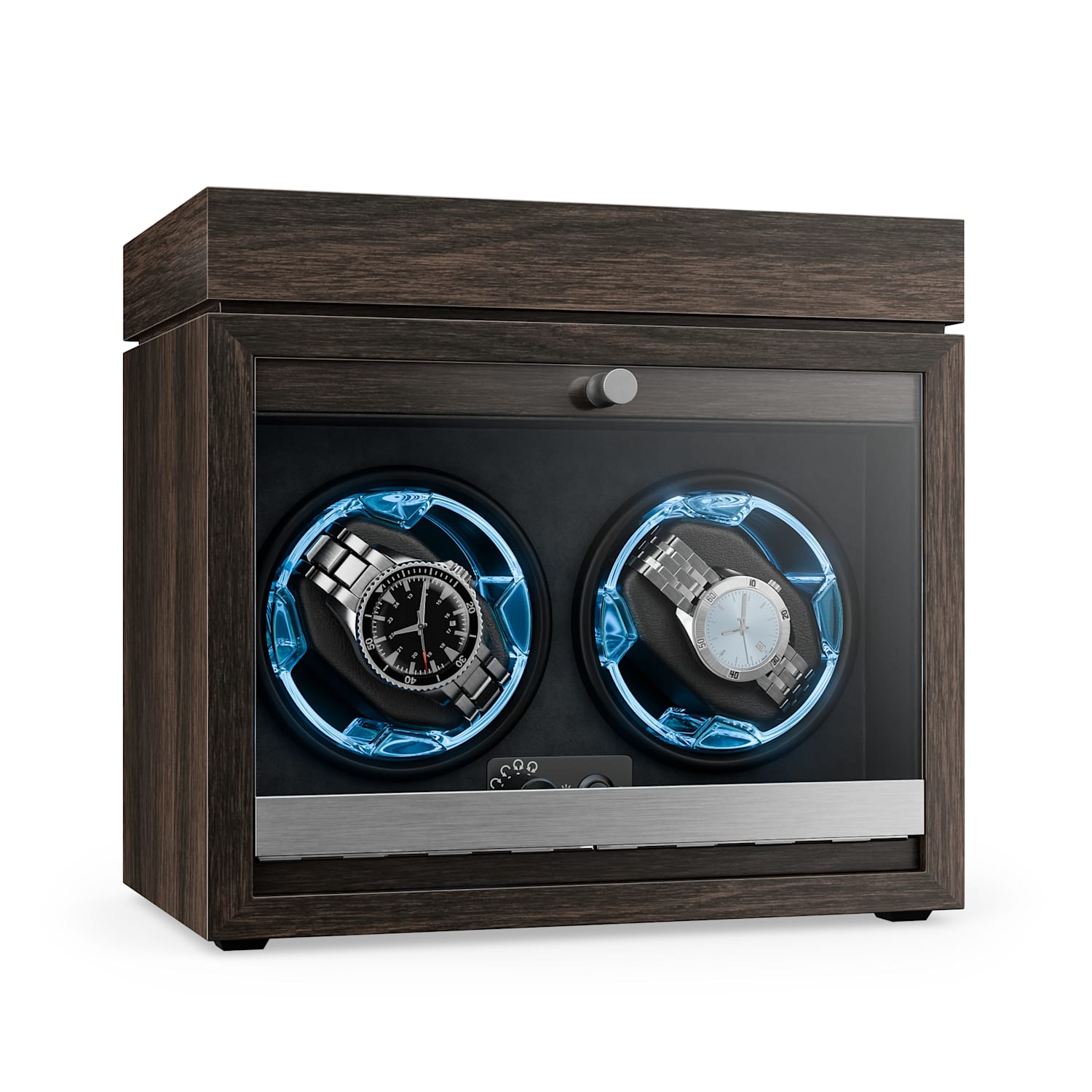 Brienz 2 relojes giratorios, 2 relojes, 4 modos, aspecto madera, luz interior azul, compartimento para joyas 2 relojes con compartimento para joyas | Nuez