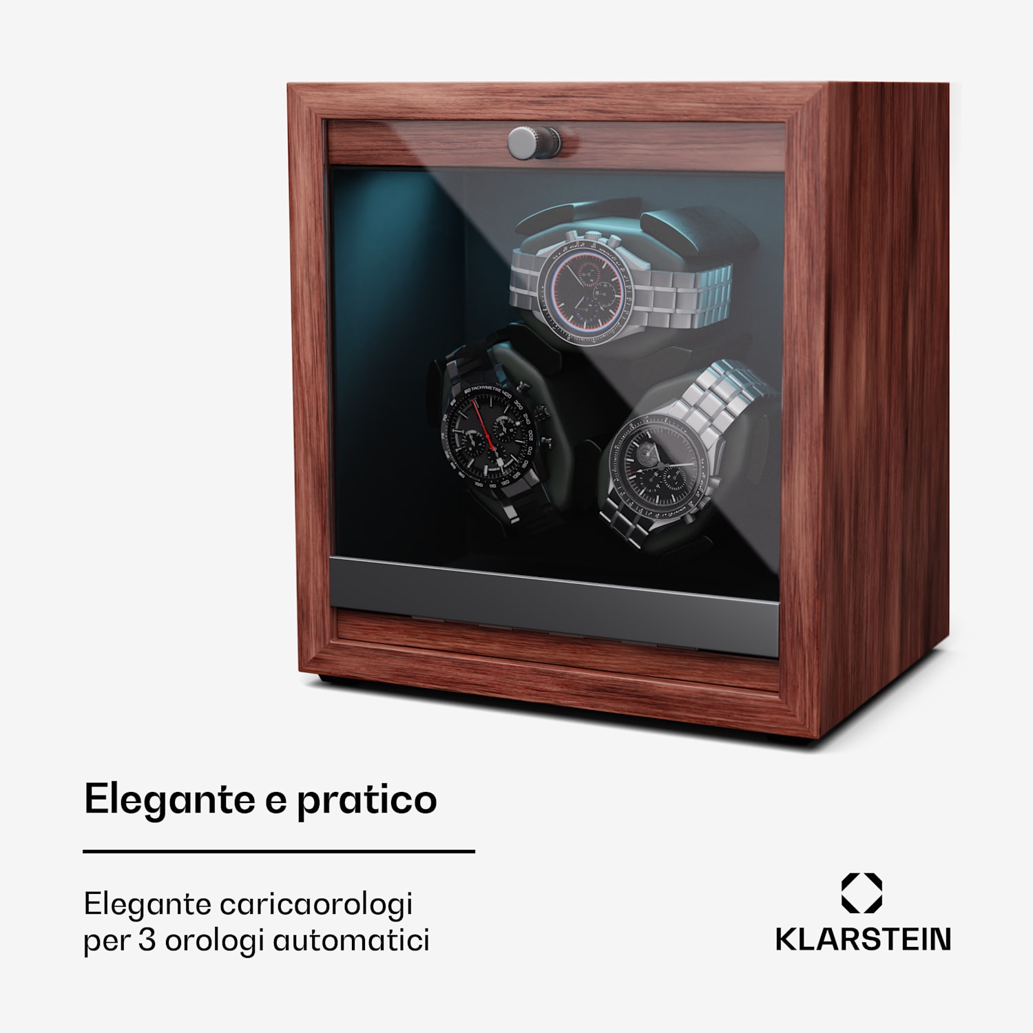 Brienz 3 - Caricatore per orologi, 3 orologi, 4 modalità, look effetto legno, illuminazione interna blu 3 orologi | Noce