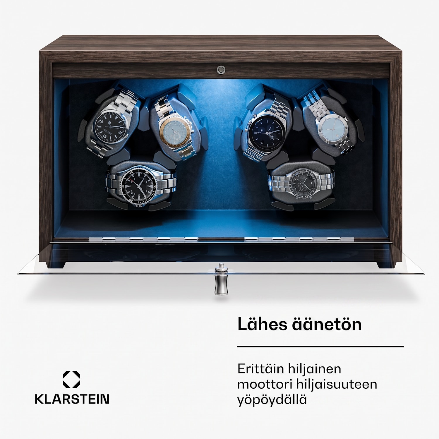 Brienz 6 -kellonpyöritin, 6 kelloa, 4 tilaa, puuimitaatti, sininen sisävalaistus 6 kelloa | Pähkinä