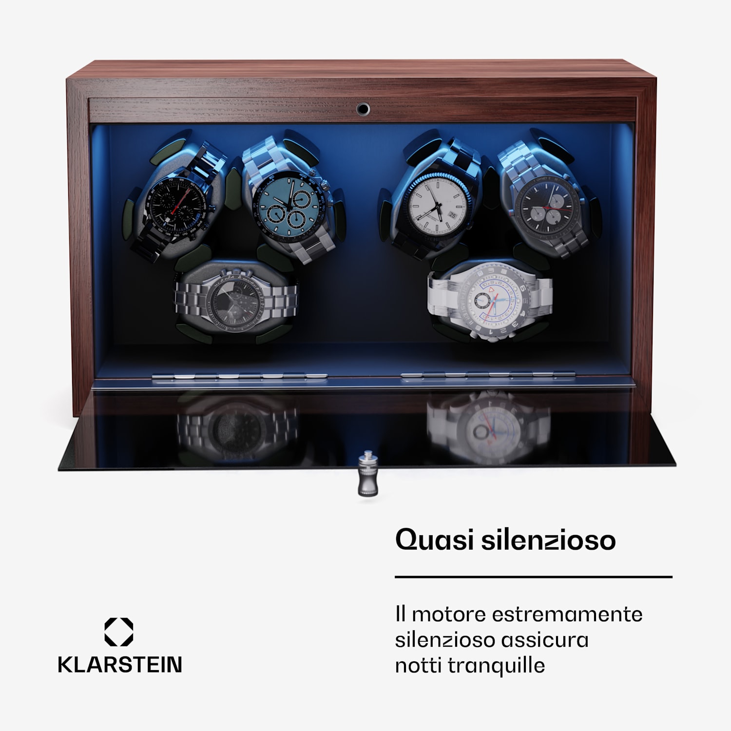 Brienz 6 - Caricatore per orologi, 6 orologi, 4 modalità, look effetto legno, illuminazione interna blu 6 orologi | Noce