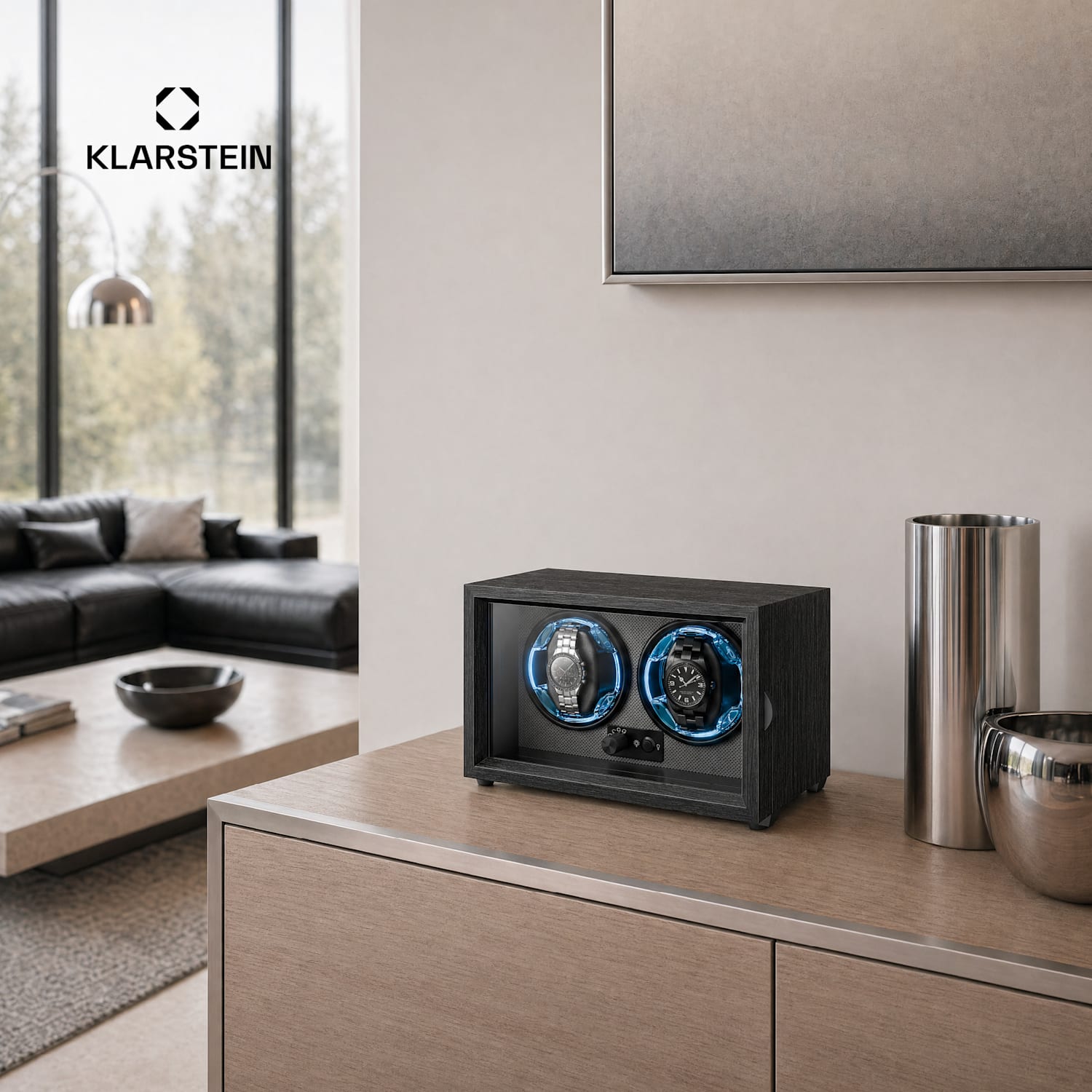 Brienz 2 -kellonpyöritin, 2 kelloa, 4 tilaa, puuimitaatti, sininen sisävalaistus 2 kelloa | Musta