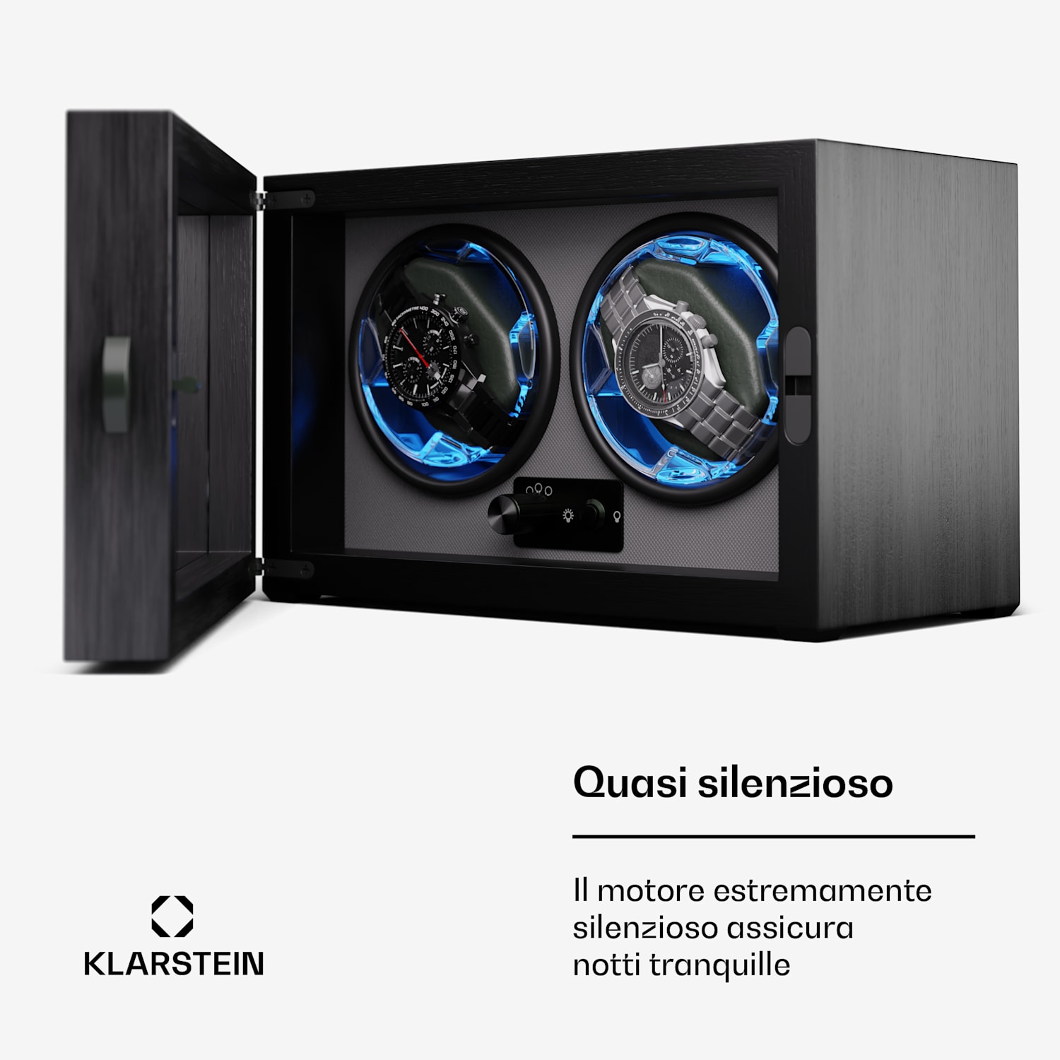 Brienz 2 - Caricatore per orologi, 2 orologi, 4 modalità, look effetto legno, illuminazione interna blu 2 orologi | Nero